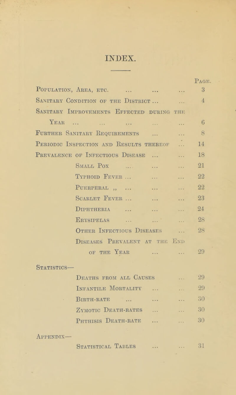 INDEX. Pagk. Population, Area, etc. ... ... ... 3 Sanitary Condition of the District... ... 4 Sanit.\ry Improvements Effected during the Year ... ... ... ... ... G Further S.-vnitary Eequirements ... ... B Periodic Inspection and Eesults thereof ... 14 Prevalence of Infectious Disease ... ... 18 Small Pox ... ... ... 21 Typhoid Fever ... ... ... 22 Puerper.\l ,, ... ... ... 22 Scarlet Fever ... ... ... 2.3 Diphtheria ... ... ... 24 Erysipelas ... ... ... 28 Other Infectious Diseases ... 28 Dise.ases Prevalent at the J-Ind OF THE Year ... ... 22 Statistics— Deaths froji all Causes ... 29 Infantile IMortality ... ... 29 Birth-rate ... ... ... 30 Zymotic Death-rates ... ... 30 Phthisis Death-rate ... ... 30 Appendix— Statistical Tables ... ... 31