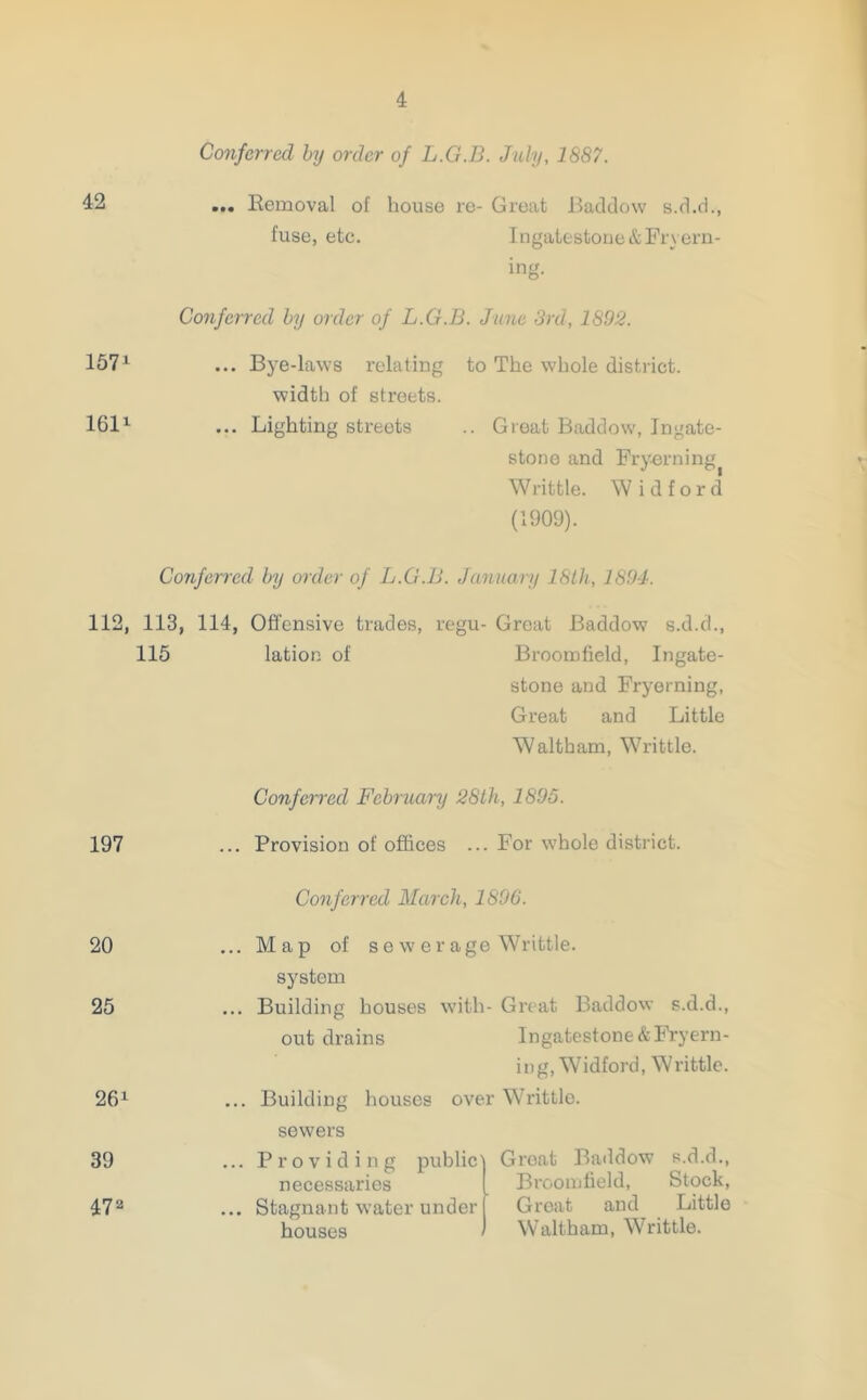 42 Conferred by order of L.G.B. July, 1887. ... Removal of house re- Great JBaddow s.d.d., fuse, etc. Ingatestone&Fryern- ing. Conferred by order of L.G.B. June 3rd, 1892. 157A ... Bye-laws relating width of streets. to The whole district. 1611 ... Lighting streets .. Great Baddow, Ingate- stone and Fryerning Writtle. W id ford (1909). Conferred by order of L.G.B. January 18th, 1894. 112, 113, 114, Offensive trades, regu- Great Baddow s.d.d., 115 lation of Broomfield, Ingate- stone and Fryerning, Great and Little Waltham, Writtle. Conferred February 28th, 1895. 197 ... Provision of offices .. For whole district. Conferred March, 1896. 20 ... Map of sewerage Writtle. system 25 ... Building houses with - Great Baddow s.d.d., out drains Ingatestone & Fryern- ing, Widford, Writtle. 261 ... Building houses over Writtle. sewers 39 ... Providing public Groat Baddow s.d.d., necessarios Broomfield, Stock, 472 ... Stagnant water under Great and Little houses Waltham, Writtle.