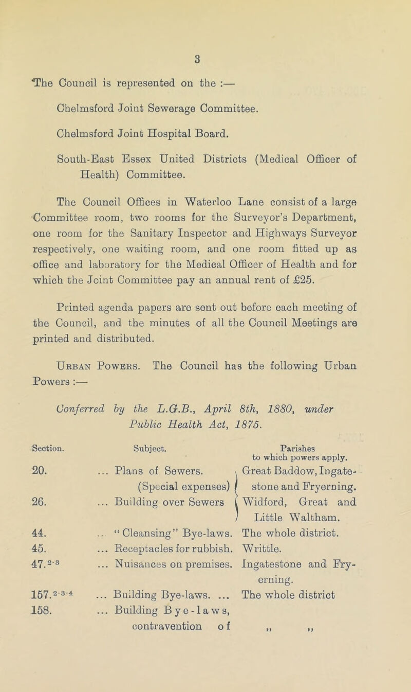 *Tke Council is represented on the :— Chelmsford -Joint Sewerage Committee. Chelmsford Joint Hospital Board. South-East Essex United Districts (Medical Officer of Health) Committee. The Council Offices in Waterloo Lane consist of a large Committee room, two rooms for the Surveyor’s Department, one room for the Sanitary Inspector and Highways Surveyor respectively, one waiting room, and one room fitted up as office and laboratory for the Medical Officer of Health and for which the Joint Committee pay an annual rent of £25. Printed agenda papers are sent out before each meeting of the Council, and the minutes of all the Council Meetings are printed and distributed. Urban Powers. The Council has the following Urban Powers :— Conferred by the L.G.B., April 8th, 1880, under Public Health Act, 1875. Section. 20. 26. 44. 45. 47.2-3 157.2'3'4 158. Subject. ... Plans of Sewers. (Special expenses) ... Building over Sewers .. “ Cleansing” Bye-laws. ... Receptacles for rubbish. ... Nuisances on premises. ... Building Bye-laws. ... ... Building Bye-laws, contravention o f Parishes to which powers apply. Great Baddow, Ingate- stone and Fryerning. Widford, Great and Little Waltham. The whole district. Writtle. Ingatestone and Fry- erning. The whole district >> »>