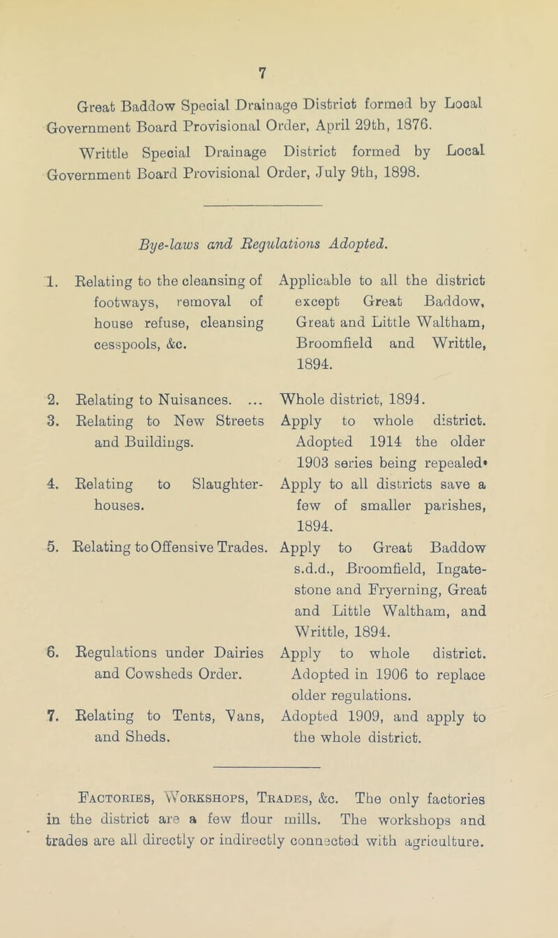 Great Baddow Special Drainage District formed by Local Government Board Provisional Order, April 29th, 1876. Writtle Special Drainage District formed by Local Government Board Provisional Order, July 9th, 1898. Bye-laws and Regulations Adopted. 1. Relating to the cleansing of footways, removal of house refuse, cleansing cesspools, &c. 2. Relating to Nuisances. ... 3. Relating to New Streets and Buildings. 4. Relating to Slaughter- houses. 5. Relating to Offensive Trades. 6. Regulations under Dairies and Cowsheds Order. 7. Relating to Tents, Vans, and Sheds. Applicable to all the district except Great Baddow, Great and Little Waltham, Broomfield and Writtle, 1894. Whole district, 1891. Apply to whole district. Adopted 1914 the older 1903 series being repealed* Apply to all districts save a few of smaller parishes, 1894. Apply to Great Baddow s.d.d., Broomfield, Ingate- stone and Fryerning, Great and Little Waltham, and Writtle, 1894. Apply to whole district. Adopted in 1906 to replace older regulations. Adopted 1909, and apply to the whole district. Factories, Workshops, Trades, &c. The only factories in the district are a few flour mills. The workshops and trades are all directly or indirectly connected with agriculture.