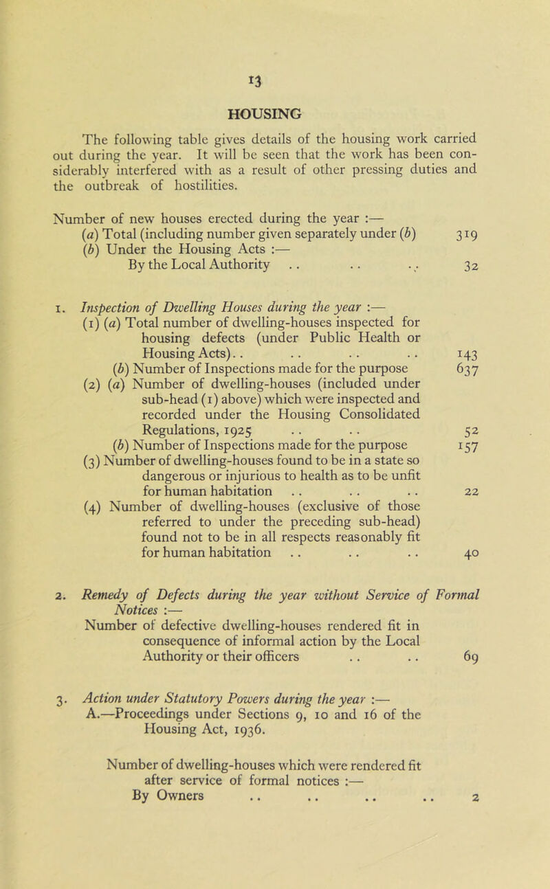 HOUSING The following table gives details of the housing work carried out during the year. It will be seen that the work has been con- siderably interfered with as a result of other pressing duties and the outbreak of hostilities. Number of new houses erected during the year :— (a) Total (including number given separately under (b) 319 \b) Under the Housing Acts :— By the Local Authority .. .. . ,. 32 1. Inspection of Dzvelling Houses during the year :— (1) (a) Total number of dwelling-houses inspected for housing defects (under Public Health or Housing Acts).. .. .. .. 143 (b) Number of Inspections made for the purpose 637 (2) (a) Number of dwelling-houses (included under sub-head (x) above) which were inspected and recorded under the Housing Consolidated Regulations, 1925 .. .. 52 (b) Number of Inspections made for the purpose 157 (3) Number of dwelling-houses found to be in a state so dangerous or injurious to health as to be unfit for human habitation .. .. .. 22 (4) Number of dwelling-houses (exclusive of those referred to under the preceding sub-head) found not to be in all respects reasonably fit for human habitation .. .. .. 40 2. Remedy of Defects during the year without Service of Formal Notices :— Number of defective dwelling-houses rendered fit in consequence of informal action by the Local Authority or their officers .. .. 69 3. Action under Statutory Powers during the year :— A.—Proceedings under Sections 9, 10 and 16 of the Plousing Act, 1936. Number of dwelling-houses which were rendered fit after service of formal notices :— By Owners 2