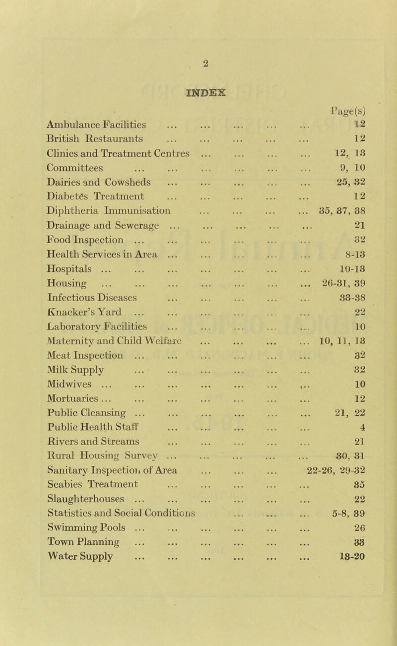 INDEX Page(s) Ambulance Facilities ... ... ... ... ... 12 British Restaurants ... ... ... ... ... 12 Clinics and Treatment Centres ... ... ... ... 12, 13 Committees ... ... ... ... ... ... 9, 10 Dairies and Cowsheds ... ... ... ... ... 25,32 Diabetes Treatment ... ... ... ... ... 12 Diphtheria Immunisation ... ... ... ... 35, 37, 38 Drainage and Sewerage ... ... ... ... ... 21 Food Inspection ... ... ... ... ... ... 32 Health Services in Area ... ... ... ... ... 8-13 Hospitals ... ... ... ... ... ... ... 10-13 Housing ... ... ... ... ... ... ... 26-31, 39 Infectious Diseases ... ... ... ... ... 33-38 Knacker’s Yard ... ... ... ... ... ... 22 Laboratory Facilities ... ... ... ... ... 10 Maternity and Child Welfare ... ... ... ... 10,11,13 Meat Inspection ... ... ... ... ... ... 32 Milk Supply ... ... ... ... ... ... 32 Midwives ... ... ... ... ... ... ,.. 10 Mortuaries... ... ... ... ... ... ... 12 Publie Cleansing ... ... ... ... ... ... 21, 22 Publie Health Staff ... ... ... ... ... 4 Rivers and Streams ... ... ... ... ... 21 Rural Housing Survey ... ... ... ... ... 30, 31 Sanitary Inspection of Ai’ea ... ... ... 22-26,29-32 Scabies Treatment ... ... ... ... ... 35 Slaughterhouses ... ... ... ... ... ... 22 Statisties and Social Conditions ... ... .. 5-8,39 Swimming Pools ... ... ... ... ... ... 26 Town Planning ... ... ... ... ... ... 33 Water Supply ... ... ... ... ... ... 18-20