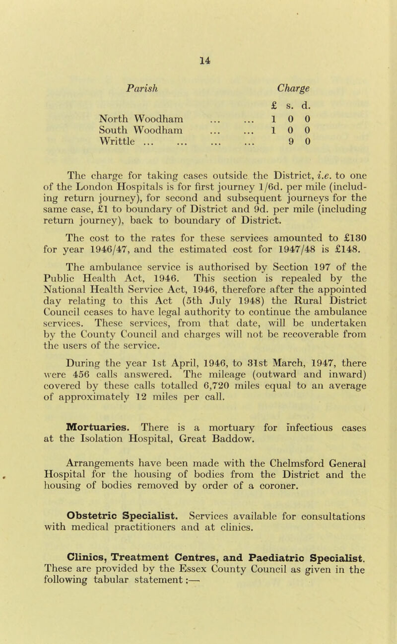 Parish Charge North Woodham South Woodham Writtle ... £ s. d. 10 0 10 0 9 0 The charge for taking cases outside the District, i.e. to one of the London Hospitals is for first journey l/6d. per mile (includ- ing return journey), for second and subsequent journeys for the same case, £l to boundary of District and 9d. per mile (including return journey), back to boundary of District. The cost to the rates for these services amounted to £130 for year 1946/47, and the estimated cost for 1947/48 is £148. The ambulance service is authorised by Section 197 of the Public Health Act, 1946. This section is repealed by the National Health Service Act, 1946, therefore after the appointed day relating to this Act (5th July 1948) the Rural District Council ceases to have legal authority to continue the ambulance services. These services, from that date, will be undertaken by the County Council and charges will not be recoverable from the users of the service. During the year 1st April, 1946, to 31st March, 1947, there were 456 calls answered. The mileage (outward and inward) covered by these calls totalled 6,720 miles equal to an average of approximately 12 miles per call. Mortuaries. There is a mortuary for infectious cases at the Isolation Hospital, Great Baddow. Arrangements have been made with the Chelmsford General Hospital for the housing of bodies from the District and the housing of bodies removed by order of a coroner. Obstetric Specialist. Services available for consultations with medical practitioners and at clinics. Clinics, Treatment Centres, and Paediatric Specialist. These are provided by the Essex County Council as given in the following tabular statement;—