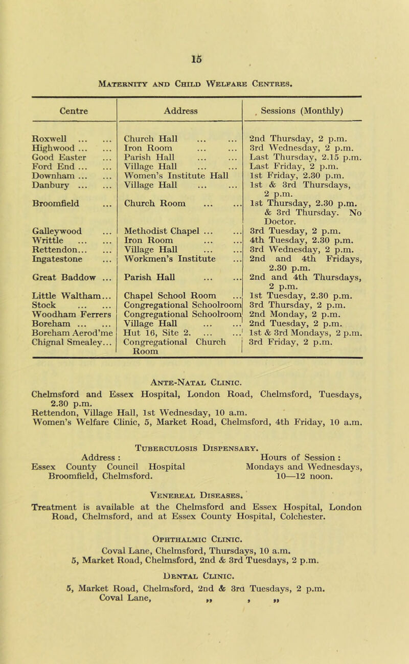 16 Maternity and Child Welfare Centres. Centre Address . Sessions (Monthly) RoxM'ell Church Hall 2nd Thursday, 2 p.m. Highwood Iron Room 3rd Wednesday, 2 p.m. Good Easter Parish Hall Last Thursday, 2.15 p.m. Ford End Village Hall Women’s Institute Hall Last Friday, 2 p.m. Downham 1st Friday, 2.30 p.m. Danbury Village Hall 1st & 3rd Thursdays, 2 p.m. Broomfield Church Room 1st Thursday, 2.30 p.m. & 3rd Thursday. No Doctor. Galleywood Methodist Chapel ... 3rd Tuesday, 2 p.m. Writtle Iron Room 4th Tuesday, 2.30 p.m. Rettendon Village Hall 3rd Wednesday, 2 p.m. Ingatestone Worl^en’s Institute 2nd and 4th Fridays, 2.30 p.m. Great Baddow ... Parish Hall 2nd and 4th Thursdays, 2 p.m. Little Waltham... Chapel School Room 1st Tuesday, 2.30 p.m. Stock Congregational Schoolroom 3rd Thursday, 2 p.m. Woodham Ferrers Congregational Schoolroom Village HaU 2nd Monday, 2 p.m. Boreham 2nd Tuesday, 2 p.m. Boreham Aerod’me Hut 16, Site 2. Congregational Church Room 1st & 3rd Mondays, 2 p.m. Chignal Smealey... 3rd Friday, 2 p.m. Ante-Natal Clinic. Chelmsford and Essex Hospital, London Road, Chelmsford, Tuesdays, 2.30 p.m. Rettendon, Village Hall, 1st Wednesday, 10 a.m. Women’s Welfare Clinic, 5, Market Road, Chelmsford, 4th Friday, 10 a.m. Tuberculosis Dispensary. Address : Essex County Council Hospital Broomfield, Chelmsford. Hours of Session: Mondays and Wednesdays, 10—12 noon. Venereal Diseases. Treatment is available at the Chelmsford and Essex Hospital, London Road, Chelmsford, and at Essex County Hospital, Colchester. Ophthalmic Clinic. Coval Lane, Chelmsford, Thursdays, 10 a.m. 5, Market Road, Chelmsford, 2nd & 3rd Tuesdays, 2 p.m. Dental Clinic. 5, Market Road, Chelmsford, 2nd & 3ra Tuesdays, 2 p.m. Coval Lane, „ , „