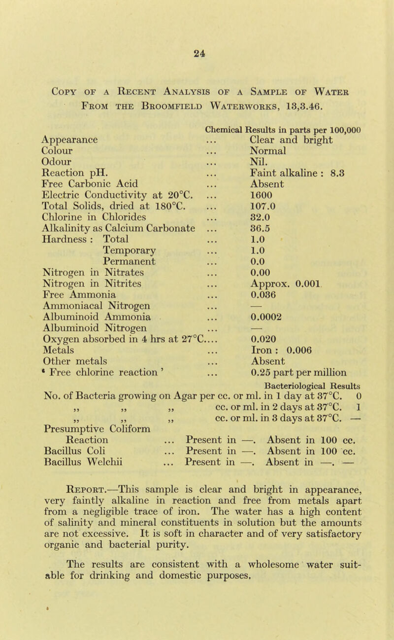 Copy of a Recent Analysis of a Sample of Water From the Broomfield Waterworks, 13,3.46. Chemical Results in parts per 100,000 Appearance Clear and bright Colour Normal Odour Nil. Reaction pH. Faint alkaline : 8.3 Free Carbonic Acid Absent Electric Conductivity at 20°C. 1600 Total Solids, dried at 180°C. 107.0 Chlorine in Chlorides 32.0 Alkalinity as Calcium Carbonate ... 36.5 Hardness : Total 1.0 Temporary 1.0 Permanent 0.0 Nitrogen in Nitrates 0.00 Nitrogen in Nitrites Approx. 0.001 Free Ammonia 0.036 Ammoniacal Nitrogen — Albuminoid Ammonia 0.0002 Albuminoid Nitrogen — Oxygen absorbed in 4 hrs at 27°C 0.020 Metals Iron : 0.006 Other metals Absent * Free chlorine reaction ’ 0.25 part per million Bacteriological Results No. of Bacteria growing on Agar per cc. or ml. in 1 day at 37°C. 0 ,, „ „ cc. or ml. in 2 days at 37°C. 1 ,, „ ,, cc. or ml. in 3 days at 37°C. — Presumptive Coliform Reaetion ... Present in —. Absent in 100 cc. Bacillus Coli ... Present in —. Absent in 100 cc. Bacillus Welchii ... Present in —. Absent in —. — » Report.—This sample is clear and bright in appearance, very faintly alkaline in reaction and free from metals apart from a negligible trace of iron. The water has a high content of salinity and mineral constituents in solution but the amounts are not excessive. It is soft in character and of very satisfactory organic and bacterial purity. The results are consistent with a wholesome water suit- able for drinking and domestic purposes.