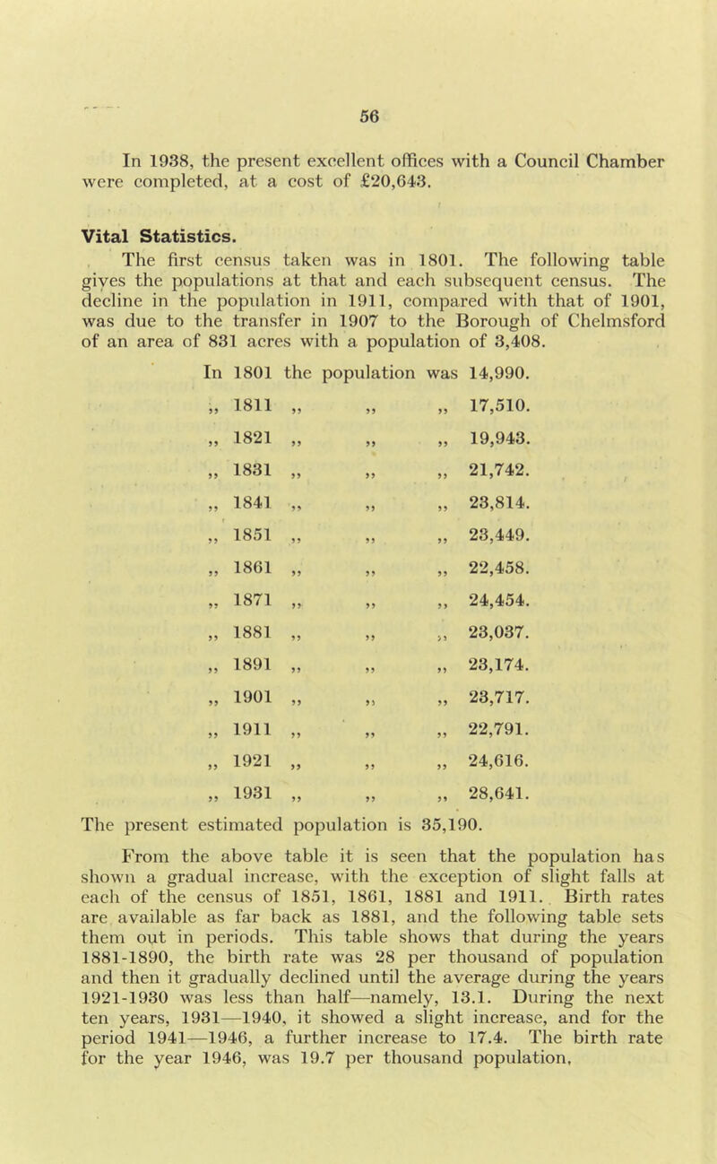 In 1938, the present exeellent offiees with a Couneil Chamber were eompleted, at a cost of £20,643. Vital Statistics. The first census taken was in 1801. The following table gives the populations at that and each subsequent census. The decline in the population in 1911, compared with that of 1901, was due to the transfer in 1907 to the Borough of Chelmsford of an area of 831 acres with a population of 3,408. In 1801 the population was 14,990. 55 1811 55 55 55 17,510. 55 1821 55 55 55 19,943. 55 1831 55 55 55 21,742. 55 1841 55 55 55 23,814. 55 1851 55 55 55 23,449. 55 1861 55 55 55 22,458. 55 1871 55 55 5 5 24,454. 55 1881 55 55 > 5 23,037. 55 1891 55 55 55 23,174. 55 1901 55 55 55 23,717. 55 1911 55 55 55 22,791. 55 1921 55 55 55 24,616. 55 1931 55 55 55 28,641. The present estimated population is 35,190. From the above table it is seen that the population has shown a gradual increase, with the exception of slight falls at each of the census of 1851, 1861, 1881 and 1911.. Birth rates are available as far back as 1881, and the following table sets them out in periods. This table shows that during the years 1881-1890, the birth rate was 28 per thousand of population and then it gradually declined until the average during the years 1921-1930 was less than half—namely, 13.1. During the next ten years, 1931—1940, it showed a slight increase, and for the period 1941—1946, a further increase to 17.4. The birth rate for the year 1946, was 19.7 per thousand population.