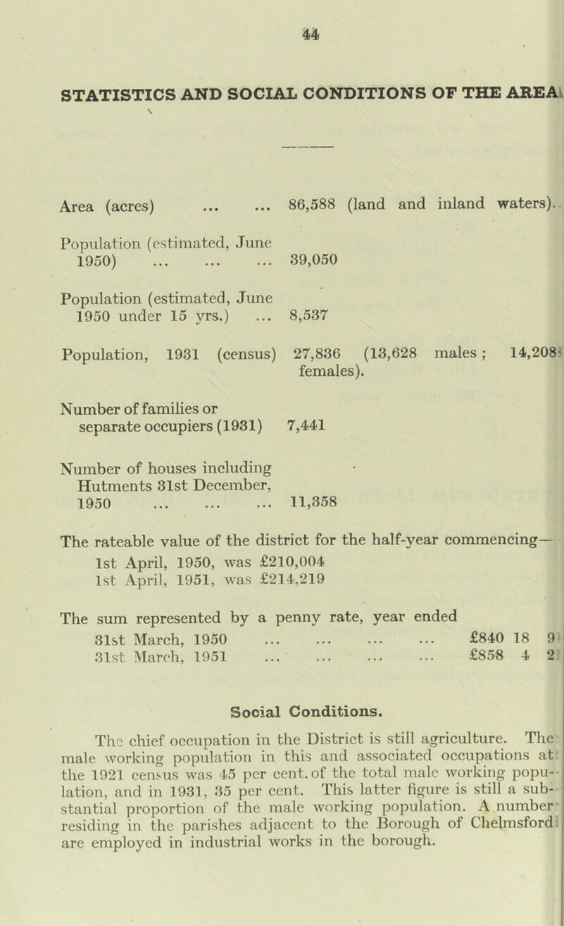 STATISTICS AND SOCIAL CONDITIONS OF THE AREA \ Area (acres) 86,588 (land and inland waters). Population (estimated, June 1950) 39,050 Population (estimated, June 1950 under 15 vrs.) ... 8,537 Population, 1931 (census) 27,836 (13,628 males; 14,208- females). Number of families or separate occupiers (1931) 7,441 Number of houses including Hutments 31st December, 1950 11,358 The rateable value of the district for the half-year commencing— 1st April, 1950, was £210,004 1st April, 1951, was £214,219 The sum represented by a penny rate, year ended 31st March, 1950 ... ... ... ... £840 18 9 31st March, 1951 ... ... ... ... £858 4 2 Social Conditions. The chief occupation in the District is still agriculture. The male working population in this and associated occupations at | the 1921 census was 45 per cent, of the total male working popu- lation, and in 1931, 35 per cent. This latter figure is still a sub- : stantial proportion of the male working population. A number residing in the parishes adjacent to the Borough of Chelmsford are employed in industrial works in the borough.