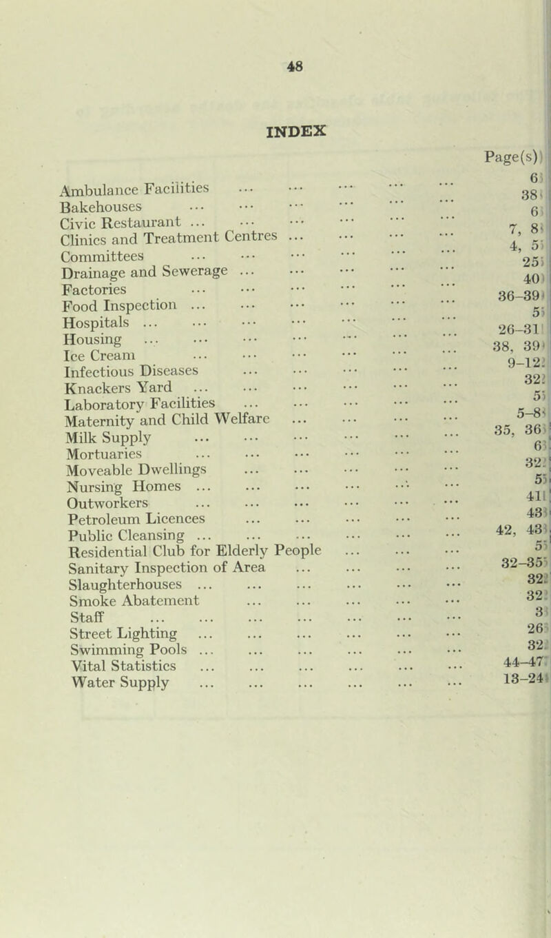 48 INDEX Ambulance Facilities Bakehouses Civic Restaurant ... Clinics and Treatment Centres ... Committees Drainage and Sewerage Factories Food Inspection ... Hospitals ... Housing Ice Cream Infectious Diseases Knackers Yard Laboratory Facilities Maternity and Child Welfare ... Milk Supply Mortuaries Moveable Dwellings Nursing Homes ... Outworkers Petroleum Licences Public Cleansing Residential Club for Elderly People Sanitary Inspection of Area Slaughterhouses ... Smoke Abatement Staff Street Lighting Swimming Pools ... Vital Statistics Water Supply