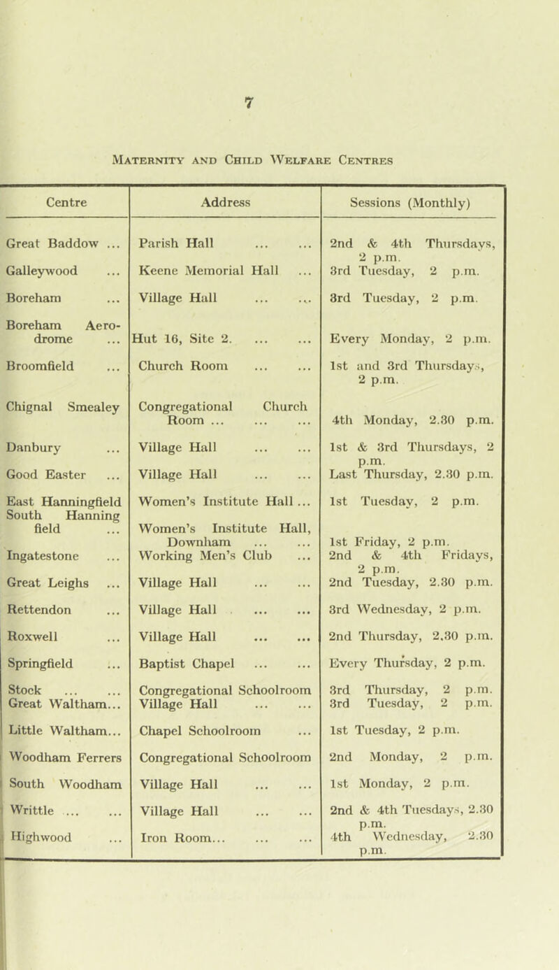 Maternity and Child ^VELFARE Centres Centre Address Sessions (Monthly) Great Baddow ... Parish Hall 2nd <fe 4th Thursdays, 2 p.m. Galleyivood Keene Memorial Hall 3rd Tuesday, 2 p.m. Boreham Village Hall 3rd Tuesday, 2 p.m. Boreham Aero- drome Hut 16, Site 2 Every Monday, 2 p.m. BroomOeld Church Room 1st and 3rd Thursday.s, 2 p.m. Chignal Smealey Congregational Church Room ... 4th Monday, 2.30 p.m. Danbury Village Hall 1st & 3rd Thursdays, 2 p.m. Good Easter Village Hall Last Thursday, 2.30 p.m. East Hanningfield South Hanning Women’s Institute Hall ... 1st Tuesday, 2 p.m. field Women’s Institute Hall, Downham 1st Friday, 2 p.m. Ingatestone Working Men’s Club 2nd & 4th Fridays, 2 p.m. Great Leighs Village Hall 2nd Tuesday, 2..30 p.m. Rettendon Village Hall 3rd Wednesday, 2 p.m. Roxwell Village Hall 2nd Thursday, 2.30 p.m. Springfield Baptist Chapel Every Thursday, 2 p.m. Stock Congregational Schoolroom 3rd Thursday, 2 p.m. Great Waltham... Village Hall 3rd Tuesday, 2 p.m. Little Waltham... Cliapel Schoolroom 1st Tuesday, 2 p.m. Woodham Ferrers Congregational Schoolroom 2nd Monday, 2 p.m. South Woodham Village Hall 1st Monday, 2 p.m. Writtle ... Village Hall 2nd & 4th Tuesdays, 2.30 p.m. Highwood Iron Room... 4th Wednesday, 2.30 p.m.