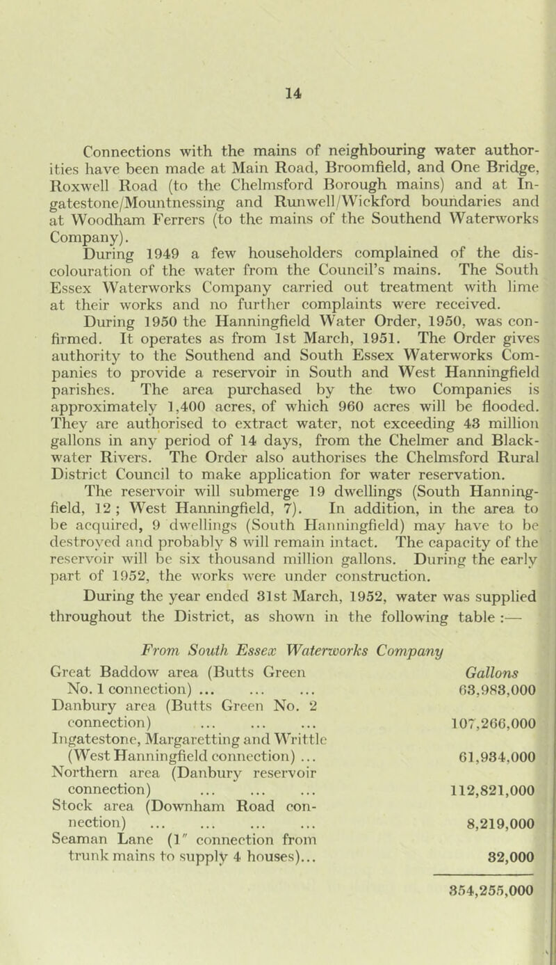 Connections with the mains of neighbouring water author- ities have been made at Main Road, Broomfield, and One Bridge, Roxwell Road (to the Chelmsford Borough mains) and at In- gatestone/Mountnessing and Runwell/Wickford boundaries and at Woodham Ferrers (to the mains of the Southend Waterworks Company). During 1949 a few householders complained of the dis- colouration of the water from the Council’s mains. The South Essex Waterworks Company carried out treatment with lime at their works and no further complaints were received. During 1950 the Hanningfield Water Order, 1950, was con- firmed. It operates as from 1st March, 1951. The Order gives authority to the Southend and South Essex Waterworks Com- panies to provide a reservoir in South and West Hanningfield parishes. The area purchased by the two Companies is approximately 1,400 acres, of which 960 acres will be flooded. They are authorised to extract water, not exceeding 43 million gallons in any period of 14 days, from the Chelmer and Black- water Rivers. The Order also authorises the Chelmsford Rural District Council to make application for water reservation. The reservoir will submerge 19 dwellings (South Hanning- field, 12; West Hanningfield, 7). In addition, in the area to be acquired, 9 dwellings (South Hanningfield) may have to be destroyed and probably 8 will remain intact. The capacity of the reservoir will be six thousand million gallons. During the early part of 1952, the works were under construction. Dining the year ended 31st March, 1952, water was supplied throughout the District, as shown in the following table :— From South Essex Waterworks Company Great Baddow area (Butts Green No. 1 connection) ... Danbury area (Butts Green No. 2 connection) Ingatestone, Margaretting and Writtlc (West Hanningfield connection) ... Northern area (Danbury reservoir connection) Stock area (Downham Road con- nection) Seaman Lane (1 connection from trunk mains to supply 4 houses)... Gallons 63.983.000 107.266.000 61.934.000 112.821.000 8,219,000 32,000 354,255,000