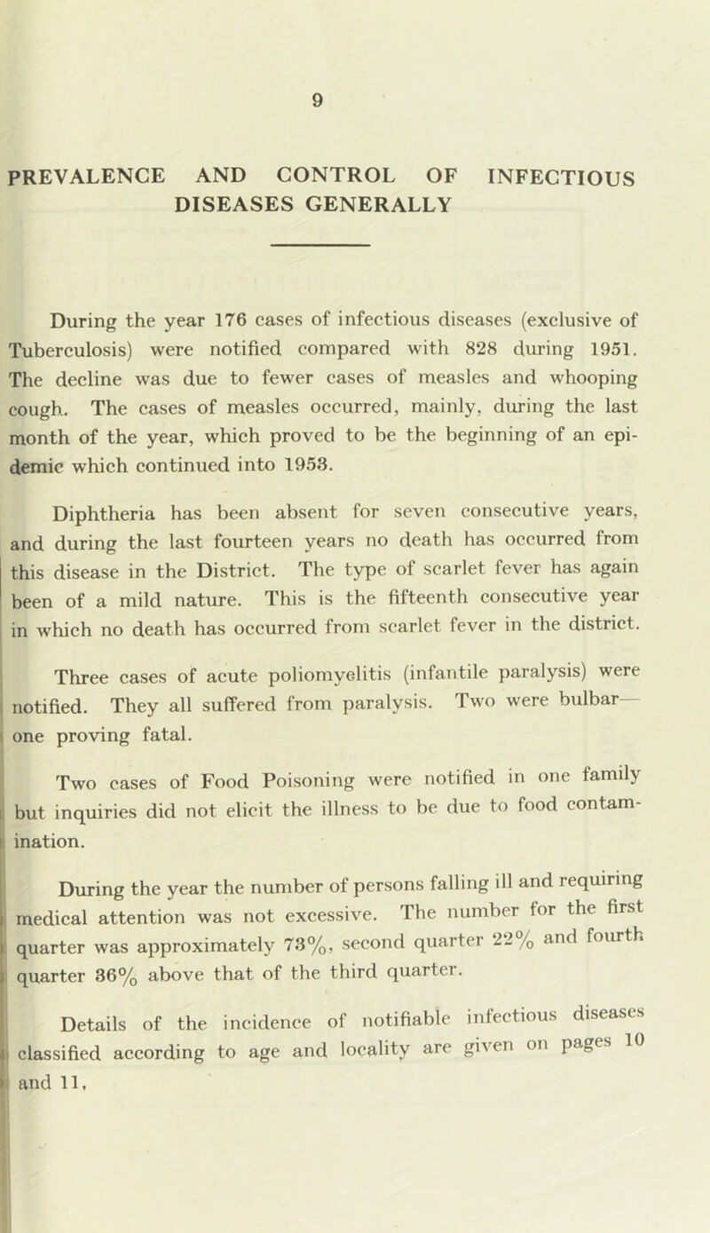 PREVALENCE AND CONTROL OF INFECTIOUS DISEASES GENERALLY During the year 176 cases of infectious diseases (exclusive of Tuberculosis) were notified compared with 828 during 1951. The decline was due to fewer cases of measles and whooping cough. The cases of measles occurred, mainly, during the last month of the year, which proved to be the beginning of an epi- demic which continued into 1953. Diphtheria has been absent for seven consecutive years, and during the last fourteen years no death has occurred from this disease in the District. The type of scarlet fever has again been of a mild nature. This is the fifteenth consecutive year in which no death has occurred from scarlet fever in the district. Three cases of acute poliomyelitis (infantile paralysis) were : notified. They all suffered from paralysis. Two were bulbar- one proving fatal. Two cases of Food Poisoning were notified in one family I but inquiries did not elicit the illness to be due to food contam- ination. During the year the number of persons falling ill and requiring , medical attention was not excessive. The number tor the first quarter was approximately 73%, second quarter 22% and fourth quarter 36% above that of the third quarter. [Details of the incidence of notifiable infectious diseases classified according to age and locality are given on PaSts and 11,