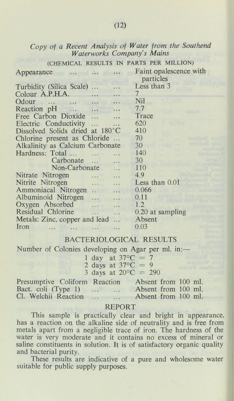 Copy of a Recent Analysis of Water from the Southend Waterworks Company’s Mains (CHEMICAL RESULTS IN PARTS PER MILLION) Appearance Faint opalescence with particles Turbidity (Silica Scale) Less than 3 Colour A.P.H.A. 7 Odour Nil Reaction pH 7.7 Free Carbon Dioxide Trace Electric Conductivity 620 Dissolved Solids dried at 180°C 410 Chlorine present as Chloride ... 70 Alkalinity as Calcium Carbonate 30 Hardness: Total 140 Carbonate 30 Non-Carbonate 110 Nitrate Nitrogen 4.9 Nitrite Nitrogen Less than 0.01 Ammoniacal Nitrogen .. 0.066 Albuminoid Nitrogen 0.11 Oxygen Absorbed 1.2 Residual Chlorine 0.20 at sampling Metals: Zinc, copper and lead ... Absent Iron 0.03 BACTERIOLOGICAL RESULTS Number of Colonies developing on Agar per ml. in:— 1 day at 37°C = 7 2 days at 37°C = 9 3 days at 20°C = 290 Presumptive Coliform Reaction Absent from 100 ml. Bact. coli (Type 1) Absent from 100 ml. Cl. Welchii Reaction Absent from 100 ml. REPORT This sample is practically clear and bright in appearance, has a reaction on the alkaline side of neutrality and is free from metals apart from a negligible trace of iron. The hardness of the water is very moderate and it contains no excess of mineral or saline constituents in solution. It is of satisfactory organic quality and bacterial purity. These results are indicative of a pure and wholesome water suitable for public supply purposes.