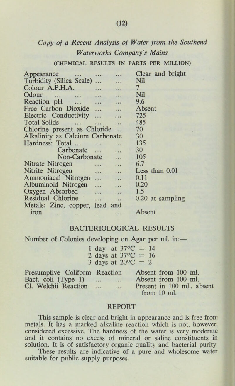 Copy of a Recent Analysis of Water from the Southend Waterworks Company's Means (CHEMICAL RESULTS IN PARTS PER MILLION) Appearance Clear and bright Turbidity (Silica Scale) Nil Colour A.P.H.A. 7 Odour Nil Reaction pH 9.6 Free Carbon Dioxide Absent Electric Conductivity 725 Total Solids 485 Chlorine present as Chloride ... 70 Alkalinity as (Calcium Carbonate 30 Hardness: Total 135 (Carbonate 30 Non-C!arbonate 105 Nitrate Nitrogen 6.7 Nitrite Nitrogen Less than 0.01 Ammoniacal Nitrogen 0.11 Albuminoid Nitrogen 0.20 Oxygen Absorbed 1.5 Residual Chlorine 0.20 at sampling Metals: Zinc, copper, lead and iron Absent BACTERIOLOGICAL RESULTS Number of Colonies developing on Agar per ml. in:— 1 day at 37°C = 14 2 days at 37°C = 16 3 days at 20°C = 2 Presumptive Cloliform Reaction Absent from 100 ml. Bact. coli (Type 1) Absent from 100 ml. Cl. Welchii Reaction Present in 1(X) ml., absent from 10 ml. REPORT This sample is clear and bright in appearance and is free from metals. It has a marked alkaline reaction which is not. however, considered excessive. The hardness of the water is very moderate and it contains no excess of mineral or saline constituents in solution. It is of satisfactory organic quality and bacterial purity. These results are indicative of a pure and wholesome water suitable for public supply purposes.