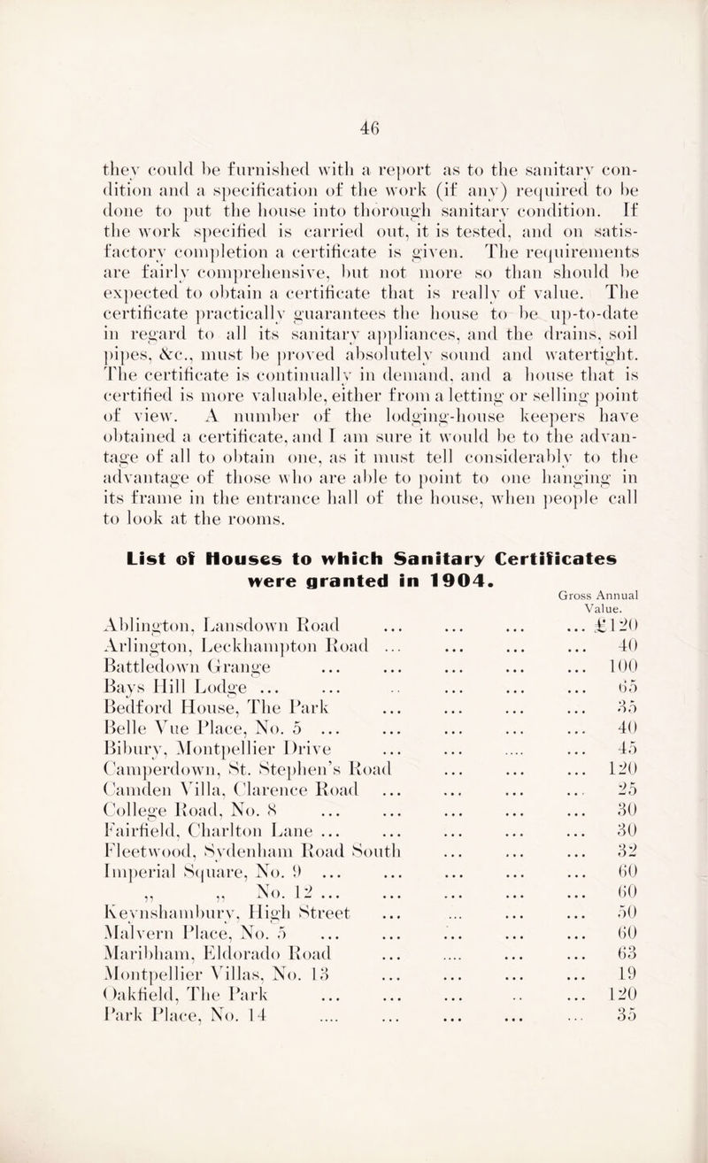 they could be furnished with a report as to the sanitary con- dition and a specification of the work (if any) required to he done to put the house into thorough sanitary condition. If the work specified is carried out, it is tested, and on satis- factory completion a certificate is given. The requirements are fairly comprehensive, but not more so than should he expected to obtain a certificate that is really of value. The certificate practically guarantees the house to be up-to-date in regard to all its sanitary appliances, and the drains, soil pipes, &c., must he proved absolutely sound and watertight. The certificate is continually in demand, and a house that is certified is more valuable, either from a letting or selling point of view. A number of the lodging-house keepers have obtained a certificate, and I am sure it would be to the advan- tage of all to obtain one, as it must tell considerably to the advantage of those who are able to point to one hanging in its frame in the entrance hall of the house, when people call to look at the rooms. List of Houses to which Sanitary Certificates were granted in 1904. Aldington, Lansdown Road Arlington, Leckhampton Road Battledown Grange Bays Hill L edge ... Bedford House, The Park Belle Vue Place, No. 5 ... Bibury, Montpellier Drive Camperdown, St. Stephen’s Road Camden Villa, Clarence Road College Road, No. 8 Fairfield, Charlton Lane ... Fleetwood, Sydenham Road Soutl Imperial Square, No. 9 No 12 « «i -LW »«• • Kevnshamburv, High Street Malvern Place, No. 5 Maribham, Eldorado Road Montpellier Villas, No. 13 Oakfield, The Park Park Place, No. 14 Gross Annual Value. £120 40 100 65 35 40 45 120 25 30 30 32 60 60 50 60 63 19 120 35