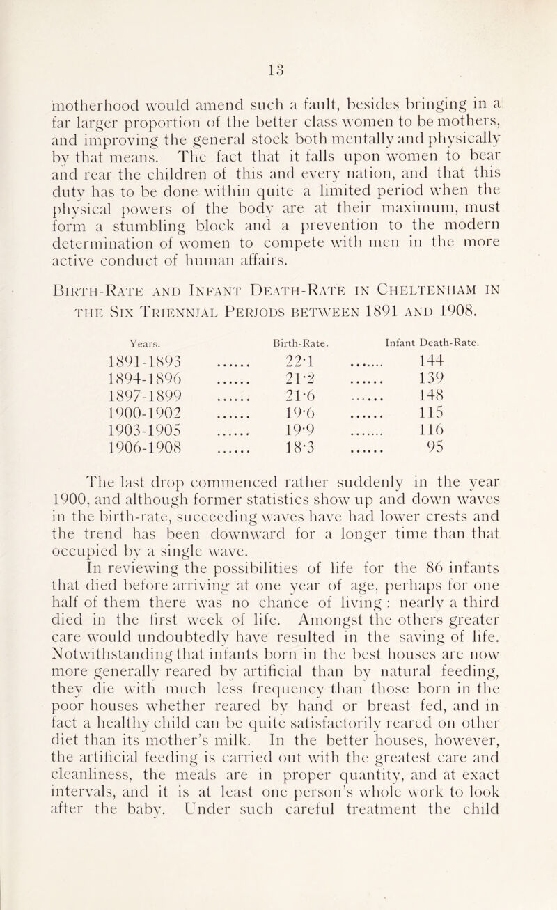 far larger proportion of the better class women to be mothers, and improving the general stock both mentally and physically by that means. The fact that it falls upon women to bear and rear the children of this and every nation, and that this duty has to be done within quite a limited period when the physical powers of the body are at their maximum, must form a stumbling block and a prevention to the modern determination of women to compete with men in the more active conduct of human affairs. Birth-Rate and Infant Death-Rate in Cheltenham in the Six Triennial Periods between 1891 and 1908. Years. Birth-Rate. Infant Death-Rate. 1891-1893 22T 144 1894-1896 2P2 139 1897-1899 21-6 148 1900-1902 19-6 115 1903-1905 19-9 116 1906-1908 18*3 95 The last drop commenced rather suddenly in the year 1900, and although former statistics show up and down waves in the birth-rate, succeeding waves have had lower crests and the trend has been downward for a longer time than that occupied by a single wave. In reviewing the possibilities of life for the 86 infants that died before arriving at one year of age, perhaps for one half of them there was no chance of living : nearly a third died in the first week of life. Amongst the others greater care would undoubtedly have resulted in the saving of life. Notwithstanding that infants born in the best houses are now more generally reared by artificial than by natural feeding, they die with much less frequency than those born in the poor houses whether reared by hand or breast fed, and in fact a healthy child can be quite satisfactorily reared on other diet than its mother’s milk. In the better houses, however, the artificial feeding is carried out with the greatest care and cleanliness, the meals are in proper quantity, and at exact intervals, and it is at least one person’s whole work to look after the baby. Under such careful treatment the child