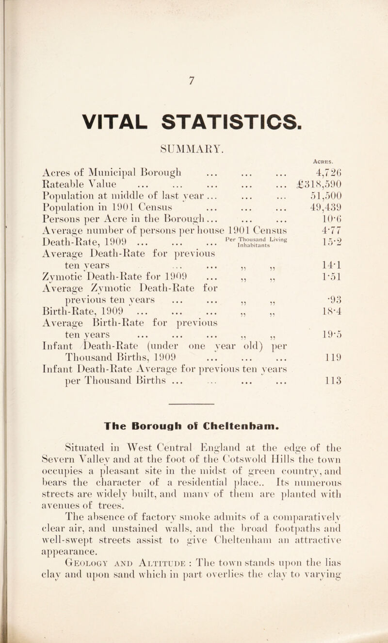 VITAL STATISTICS. SUMMARY. Acres of Municipal Borough Rateable Value Population at middle of last year ... Population in 1901 Census Persons per Acre in the Borough... Average number of persons per house 1901 Census Death-Rate, 1909 ... Per Thousand Living Average Death-Rate for previous ten years Zymotic Death-Rate for 1909 Average Zymotic Death-Rate for previous ten years Birth-Rate, 1909 Average Birth-Rate for previous ten years Infant Death-Rate (under one year old) per Thousand Births, 1909 Infant Death-Rate Average for previous ten years per Thousand Births ... Inhabitants 55 55 55 55 55 55 55 55 55 old) 55 per Acres. 4,726 £318,590 51,500 49,439 10*6 4*77 15*2 14*1 1*51 •93 18*4 19*5 119 113 The Borough of Cheltenham* Situated in West Central England at the edge of the O o Severn Valley and at the foot of the Cotswold Hills the town occupies a pleasant site in the midst of green country, and bears the character of a residential place.. Its numerous streets are widely built, and many of them are planted with avenues of trees. The absence of factory smoke admits of a comparatively clear air, and unstained walls, and the broad footpaths and well-swept streets assist to give Cheltenham an attractive appearance. Geology and Altitude : The town stands upon the lias clay and upon sand which in part overlies the clay to varying