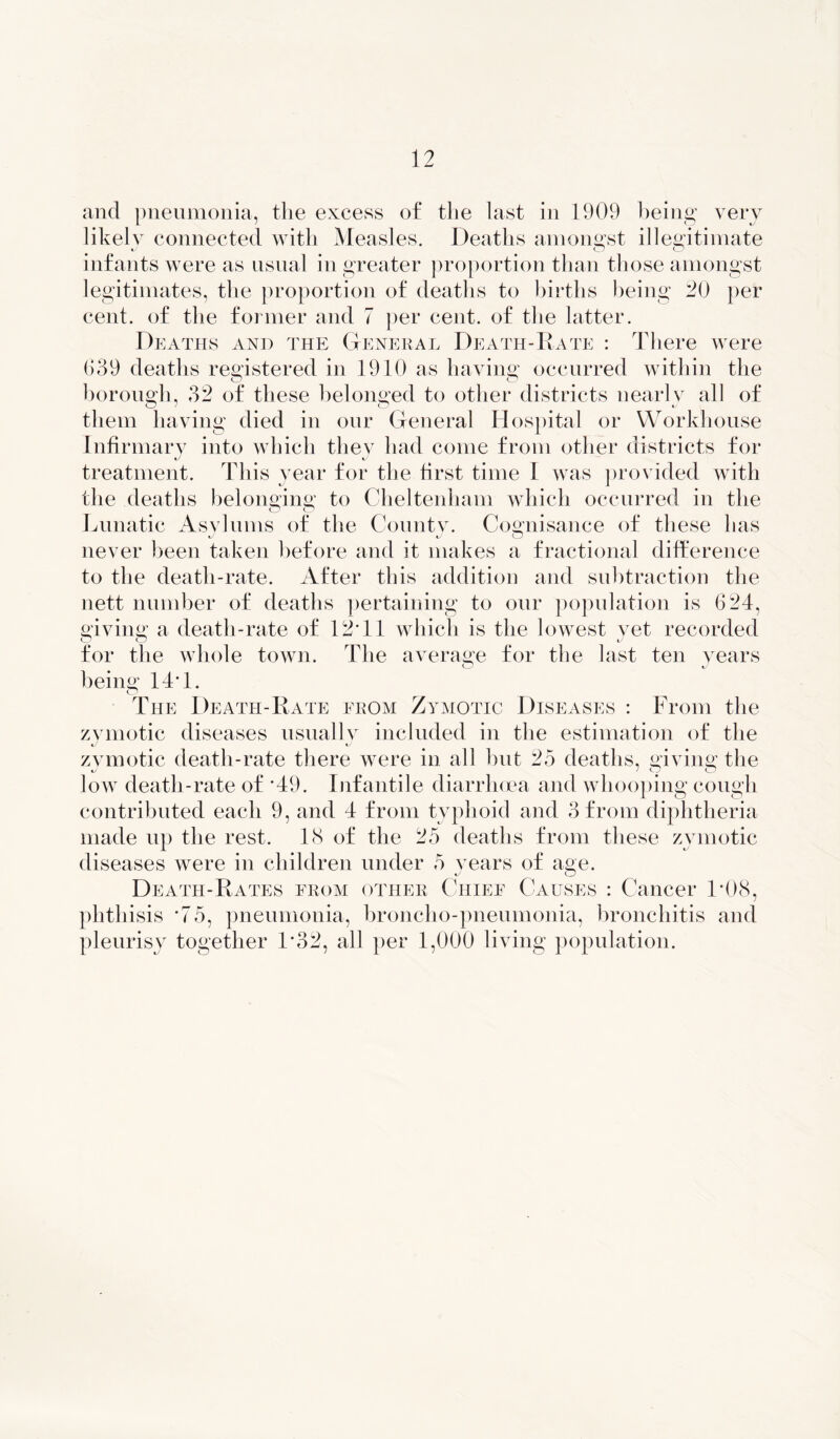 and pneumonia, the excess of the last in 1909 being very likely connected with Measles. Deaths amongst illegitimate infants were as usual in greater proportion than those amongst legitimates, the proportion of deaths to births being 20 per cent, of the former and 7 per cent, of the latter. Deaths and the General Death-Rate : There were 639 deaths registered in 1910 as having occurred within the borough, 32 of these belonged to other districts nearly all of them having died in our General Hospital or Workhouse Infirmary into which they had come from other districts for treatment. This year for the first time 1 was provided with the deaths belonging to Cheltenham which occurred in the Lunatic Asylums of the Countv. Cognisance of these has never been taken before and it makes a fractional difference to the death-rate. After this addition and subtraction the nett number of deaths pertaining to our population is 624, giving a death-rate of 12T1 which is the lowest vet recorded for the whole town. The average for the last ten years being 14T. o The Death-Rate from Zymotic Diseases : From the zymotic diseases usually included in the estimation of the zymotic death-rate there were in all but 25 deaths, giving the low death-rate of *49. Infantile diarrhoea and whooping cough contributed each 9, and 4 from typhoid and 3 from diphtheria made up the rest. 18 of the 25 deaths from these zymotic diseases were in children under 5 years of age. Death-Rates from other Chief Causes : Cancer 1*08, phthisis *75, pneumonia, bronclio-pneumonia, bronchitis and pleurisy together 1*32, all per 1,000 living population.