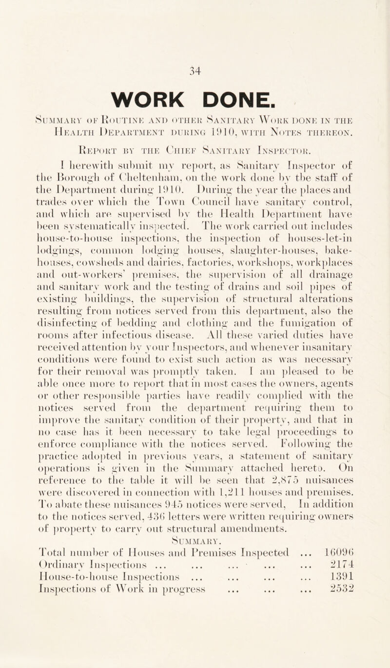 WORK DONE. Summary of Routine and other Sanitary Work done in the Health Department during 1910, with Notes thereon. Report by the Chief Sanitary Inspector. I herewith submit my report, as Sanitary Inspector of the Borough of Cheltenham, on the work done by the staff of the Department during 1910. During the year the places and trades over which the Town Council have sanitary control, and which are supervised by the Health Department have been systematically inspected. The work carried out includes house-to-house inspections, the inspection of houses-let-in lodgings, common lodging houses, slaughter-houses, bake- houses, cowsheds and dairies, factories, workshops, workplaces and out-workers’ premises, the supervision of all drainage and sanitary work and the testing of drains and soil pipes of existing buildings, the supervision of structural alterations resulting from notices served from this department, also the disinfecting; of bedding; and clothing; and the fumigation of rooms after infectious disease. All these varied duties have received attention by your Inspectors, and whenever insanitary conditions were found to exist such action as was necessary for their removal was promptly taken. I am pleased to be able once more to report that in most cases the owners, agents or other responsible parties have readily complied with the notices served from the department requiring them to improve the sanitary condition of their property, and that in no case has it been necessary to take legal proceedings to enforce compliance with the notices served. Following the practice adopted in previous years, a statement of sanitary operations is given in the Summary attached hereto. On reference to the table it will be seen that 2,875 nuisances were discovered in connection with 1,211 houses and premises. To abate these nuisances 945 notices were served, In addition to the notices served, 436 letters were written requiring owners of property to carry out structural amendments. Summary. Total number of Houses and Premises Inspected ... Ordinary Inspections ... ... ... House-to-house Inspections Inspections of Work in progress 16096 2174 1391 53 -) A R 9,