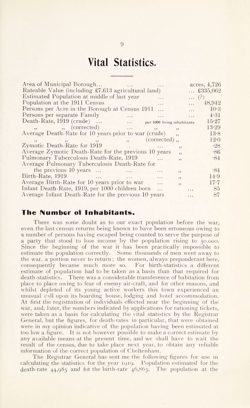 Vital Statistics. per 1000 living inhabitants Area of Municipal Borough... Rateable Value (including £7,613 agricultural land) Estimated Population at middle of last year Population at the 1911 Census Persons per Acre in the Borough at Census 1911 . Persons per separate Family Death-Rate, 1919 (crude) ,, ,, (corrected) ... ,, Average Death-Rate for 10 years prior to war (crude) ,, _ „ ,, ,, (corrected) Zymotic Death-Rate for 1919 Average Zymotic Death-Rate for the previous 10 years Pulmonary Tuberculosis Death-Rate, 1919 Average Pulmonary Tuberculosis Death-Rate for the previous 10 years ... Birth-Rate, 1919 Average Birth-Rate for 10 years prior to war Infant Death-Rate, 1919, per 1000 children born Average Infant Death-Rate for the previous 10 years 5? 5? acres, 4,726 £335,062 (?) 48,942 10*3 4-31 15-27 13-29 13- 8 12-0 -28 -86 -84 -84 14- 9 17-7 85 87 The rMumber of Inhabitants* There was some doubt as to our exact population before the war, even the last census returns being known to have been erroneous owing to a number of persons having escaped being counted to serve the purpose of a party that stood to lose income by the population rising to 50.000. Since the beginning of the war it has been practically impossible to estimate the population correctly. Some thousands of men went away to the war, a portion never to return ; the women, always preponderant here, consequently became much more so. For birth-statistics a different estimate of population had to be taken as a basis than that required for death-statistics. There was a considerable transference of habitation from place to place owing to fear of enemy air-craft, and for other reasons, and whilst depleted of its young active workers this town experienced an unusual call upon its boarding house, lodging and hotel accommodation. At first the registration of individuals effected near the beginning of the war, and, later, the numbers indicated by applications for rationing tickets, were taken as a basis for calculating the vital statistics by the Registrar General, but the figures, for death-rates in particular, that were obtained were in my opinion indicative of the population having been estimated at too low a figure. It is not however possible to make a correct estimate by any available means at the present time, and we shall have to wait the result of the census, due to take place next year, to obtain any reliable information of the correct population of Cheltenham. The Registrar General has sent me the following figures for use m calculating the statistics for the year 1919. Population estimated for the death-rate 44,985 and fot the birth-rate 46,863. The population at the