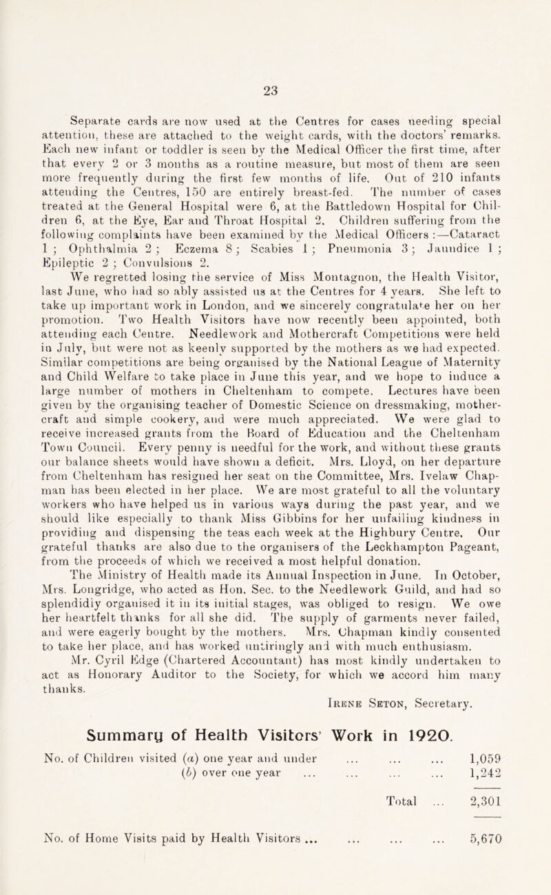 Separate cards are now used at the Centres for cases needing special attention, these are attached to the weight cards, with the doctors’ remarks. Each new infant or toddler is seen by the Medical Officer the first time, after that every 2 or 3 months as a routine measure, but most of them are seen more frequently during the first few months of life. Out of 210 infants attending the Centres, 150 are entirely breast-fed. The number of cases treated at the General Hospital were 6, at the Battledown Hospital for Chil- dren 6, at the Eye, Ear and Throat Hospital 2. Children suffering from the following complaints have been examined by the Medical Officers ;—Cataract 1 ; Ophthalmia 2; Eczema 8; Scabies 1; Pneumonia 3; Jaundice 1 ; Epileptic 2 ; Convulsions 2. We regretted losing the service of Miss Montagnon, the Health Visitor, last June, who had so ably assisted us at the Centres for 4 years. She left to take up important work in London, and we sincerely congratulate her on her promotion. Two Health Visitors have now recently been appointed, both attending each Centre. Needlework and Mothercraft Competitions were held in July, but were not as keenly supported by the mothers as we had expected. Similar competitions are being org^anised by the National League of Maternity and Child Welfare to take place in June this year, and we hope to induce a large number of mothers in Cheltenham to compete. Lectures have been given by the organising teacher of Domestic Science on dressmaking, mother- craft and simple cookery, and were much appreciated. We were glad to receive increased grants from the Hoard of Education and the Cheltenham Town Council. Every penny is needful for the work, and without these grants our balance sheets would have shown a deficit. Mrs. Lloyd, on her departure from Cheltenham has resigned her seat on the Committee, Mrs. Ivelaw Chap- man has been elected in her place. We are most grateful to all the voluntary workers who have helped us in various ways during the past year, and we should like especially to thank Miss Gibbins for her unfailing kindness in providing and dispensing the teas each week at the Highbury Centre. Our grateful thanks are also due to the organisers of the Leckhampton Pageant, from the proceeds of which we received a most helpful donation. The Ministry of Health made its Annual Inspection in June, In October, Mrs. Longridge, who acted as Hon, Sec. to the Needlework Guild, and had so splendidly organised it in its initial stages, was obliged to resign. We owe her heartfelt thanks for all she did. The supply of garments never failed, and were eagerly bought by the mothers. Mrs, Chapman kindly consented to take her place, and has worked untiringly and with much enthusiasm. Mr. Cyril Edge (Chartered Accountant) has most kindly undertaken to act as Honorary Auditor to the Society, for which we accord him many thanks. Irene Seton, Secretary. Summaru of Health Visitors’ Work in 1920. No. of Children visited (a) one year and under ... ... ... 1,059 (6) over one year ... ... ... ... 1,242 Total ... 2,301 No. of Home Visits paid by Health Visitors • « • 5,670