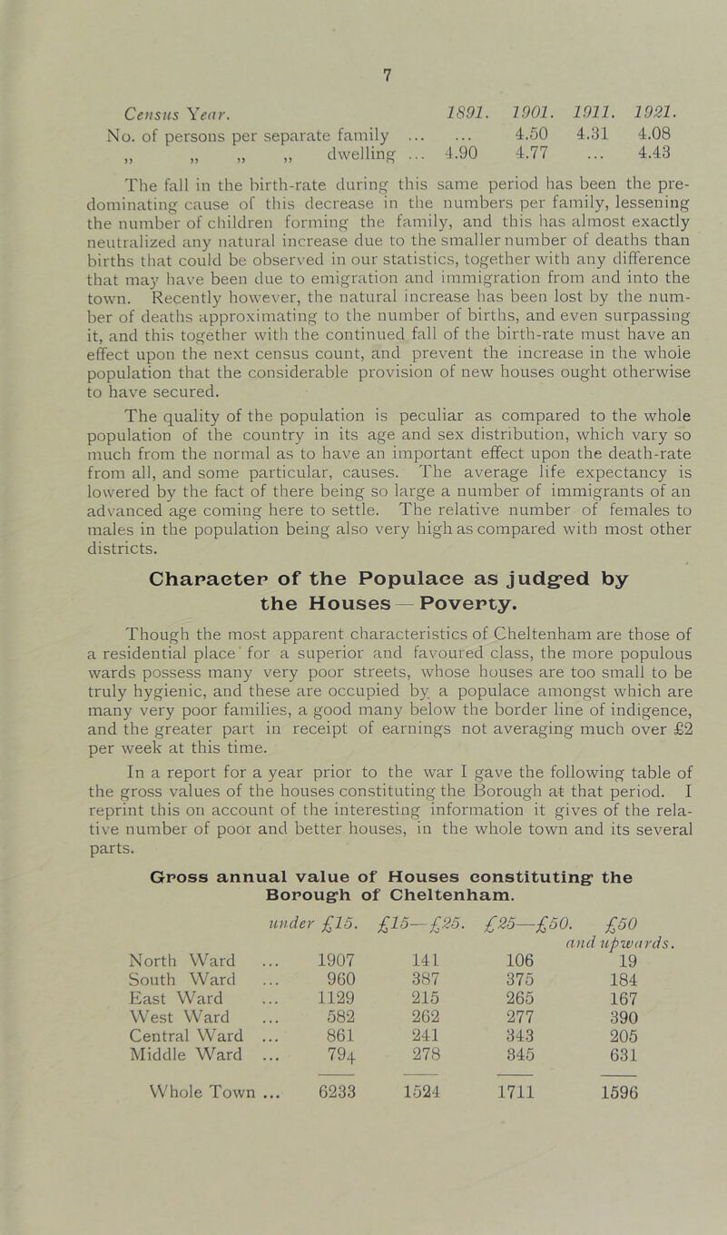 Census Year. 1891. 1901. 1911. 1921. No. of persons per separate family 4.50 4.31 4.08 „ „ „ ,, dwelling ... 4.90 4.77 ... 4.43 The fall in the birth-rate during this same period has been the pre- dominating cause of this decrease in the numbers per family, lessening the number of children forming the family, and this has almost exactly neutralized any natural increase due to the smaller number of deaths than births that could be observed in our statistics, together with any difference that may have been due to emigration and immigration from and into the town. Recently however, the natural increase has been lost by the num- ber of deaths approximating to the number of births, and even surpassing it, and this together with the continued fall of the birth-rate must have an effect upon the next census count, and prevent the increase in the whole population that the considerable provision of new houses ought otherwise to have secured. The quality of the population is peculiar as compared to the whole population of the country in its age and sex distribution, which vary so much from the normal as to have an important effect upon the death-rate from all, and some particular, causes. The average life expectancy is lowered by the fact of there being so large a number of immigrants of an advanced age coming here to settle. The relative number of females to males in the population being also very high as compared with most other districts. Charaetep of the Populace as judg*ed by the Houses — Poverty. Though the most apparent characteristics of Cheltenham are those of a residential place for a superior and favoured class, the more populous wards possess many very poor streets, whose houses are too small to be truly hygienic, and these are occupied by a populace amongst which are many very poor families, a good many below the border line of indigence, and the greater part in receipt of earnings not averaging much over £2 per week at this time. In a report for a year prior to the war I gave the following table of the gross values of the houses constituting the Borough at that period. I reprint this on account of the interesting information it gives of the rela- tive number of poor and better houses, in the whole town and its several parts. Gross annual value of Houses constituting* the Borough of Cheltenham. under £15. £15-£25. £25—£50. £50 a nd upwards North Ward 1907 141 106 19 South Ward 960 387 375 184 East Ward 1129 215 265 167 West Ward 582 262 277 390 Central Ward 861 241 343 205 Middle Ward 794 278 345 631 Whole Town ... 6233 1524 1711 1596