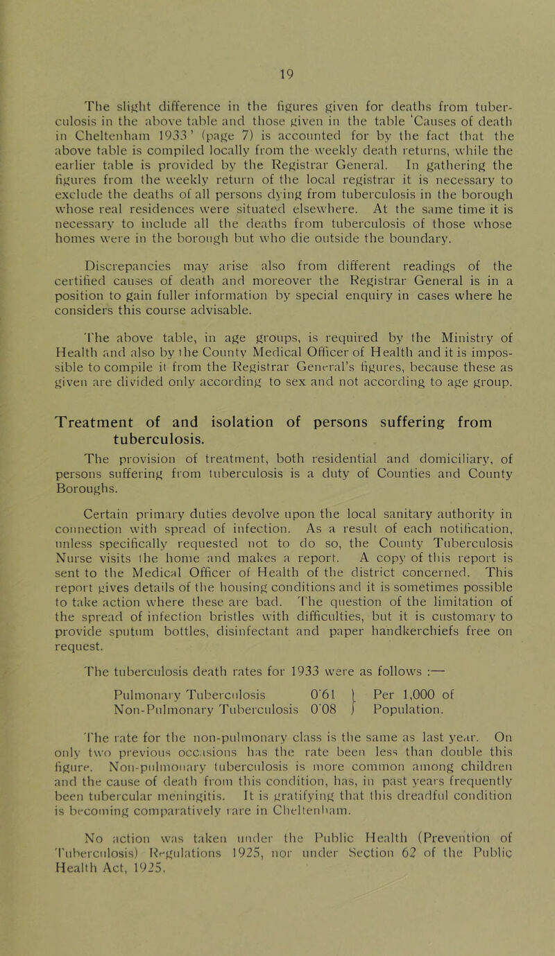 The slight difference in the figures given for deaths from tuber- culosis in the above table and those given in the table ‘Causes of death in Cheltenham 1933’ (page 7) is accounted for by the fact that the above table is compiled locally from the weekly death returns, while the earlier table is provided by the Kegistrar General. In gathering the figures from the weekly return of the local registrar it is necessary to exclude the deaths of all persons dying from tuberculosis in the borough whose real residences were situated elsewhere. At the same time it is necessary to include all the deaths from tuberculosis of those whose homes were in the borough but who die outside the boundary. Discrepancies may arise also from different readings of the certified causes of death and moreover the Registrar General is in a position to gain fuller information by special enquiry in cases where he considers this course advisable. The above table, in age groups, is required by the Ministry of Health and also by the County Medical Officer of Health and it is impos- sible to compile it from the Registrar General’s figures, because these as given are divided only according to sex and not according to age group. Treatment of and isolation of persons suffering from tuberculosis. The provision of treatment, both residential and domiciliary, of persons suffering from tuberculosis is a duty of Counties and County Boroughs. Certain primary duties devolve upon the local sanitary authority in connection with spread of infection. As a result of each notilication, unless specifically requested not to do so, the County Tuberculosis Nurse visits the home and makes a report. A copy of this report is sent to the Medical Officer of Health of the district concerned. This report gives details of the housing conditions and it is sometimes possible to take action where these are bad. 'fhe question of the limitation of the spread of infection bristles with difficulties, but it is customary to provide sputum bottles, disinfectant and paper handkerchiefs free on request. The tuberculosis death rates for 1933 were as follows :— 'The rate for the non-pulmonaiy class is the same as last ye<ir. On only two previous occasions has the rate been less than double this figure. Nou-pnlmonary tuberculosis is more common among children and the cause of death from this condition, has, in past years frequently been tubercular meningitis. It is gratifying that this dreadful condition is becoming comparatively lare in Cheltenham. No action was taken under the Public Health (Prevention of 'I'uberciilosis) Regulations 1925, nor under Section 62 of the Public Health Act, 1925.