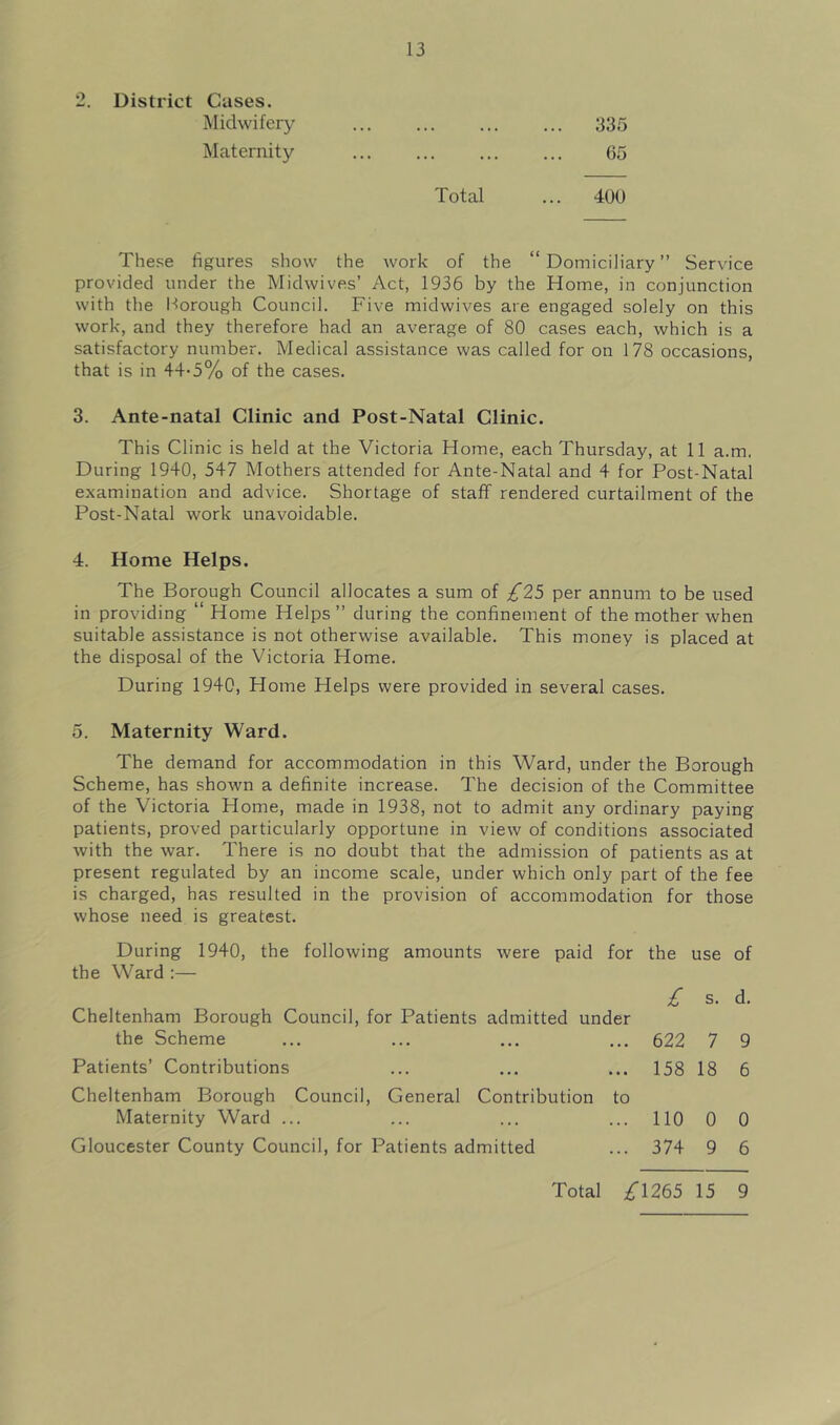 2. District Cases. Midwifery ... ... ... ... 335 Maternity 65 Total ... 400 These figures show the work of the “ Domiciliary ” Service provided under the Midwives’ Act, 1936 by the Home, in conjunction with the Borough Council. Five midwives are engaged solely on this work, and they therefore had an average of 80 cases each, which is a satisfactory number. Medical assistance was called for on 178 occasions, that is in 44-5% of the cases. 3. Ante-natal Clinic and Post-Natal Clinic. This Clinic is held at the Victoria Home, each Thursday, at 11 a.m. During 1940, 547 Mothers attended for Ante-Natal and 4 for Post-Natal examination and advice. Shortage of staff rendered curtailment of the Post-Natal work unavoidable. 4. Home Helps. The Borough Council allocates a sum of £25 per annum to be used in providing “ Home Helps” during the confinement of the mother when suitable assistance is not otherwise available. This money is placed at the disposal of the Victoria Home. During 1940, Home Helps were provided in several cases. 5. Maternity Ward. The demand for accommodation in this Ward, under the Borough Scheme, has shown a definite increase. The decision of the Committee of the Victoria Home, made in 1938, not to admit any ordinary paying patients, proved particularly opportune in view of conditions associated with the war. There is no doubt that the admission of patients as at present regulated by an income scale, under which only part of the fee is charged, has resulted in the provision of accommodation for those whose need is greatest. During 1940, the following amounts were paid for the Ward :— Cheltenham Borough Council, for Patients admitted under the Scheme Patients’ Contributions Cheltenham Borough Council, General Contribution to Maternity Ward ... Gloucester County Council, for Patients admitted the use of £ s. d. 622 7 9 158 18 6 110 0 0 374 9 6 Total 1265 15 9