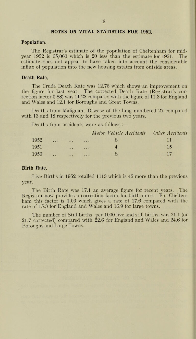 NOTES ON VITAL STATISTICS FOR 1952. Population. The Registrar’s estimate of the population of Cheltenham for mid- year 1952 is 65,060 which is 20 less than the estimate for 1951. The estimate does not appear to have taken into account the considerable influx of population into the new housing estates from outside areas. Death Rate. The Crude Death Rate was 12.76 which shows an improvement on the figure for last year. The corrected Death Rate (Registrar’s cor- rection factor 0.88) was 11.23 compared with the figure of 11.3 for England and Wales and 12.1 for Boroughs and Great Towns. Deaths from Malignant Disease of the lung numbered 27 compared with 13 and 18 respectively for the previous two years. Deaths from accidents were as follows :— Motor Vehicle Accidents Other Accidents 1952 8 11 1951 4 15 1950 8 17 Birth Rate. Live Births in 1952 totalled 1113 which is 45 more than the previous year. The Birth Rate was 17.1 an average figure for recent years. The Registrar now provides a correction factor for birth rates. For Chelten- ham this factor is 1.03 which gives a rate of 17.6 compared with the rate of 15.3 for England and Wales and 16.9 for large towns. The number of Still births, per 1000 live and still births, was 21.1 (or 21.7 corrected) compared with 22.6 for England and Wales and 24.6 for Boroughs and Large Towns.