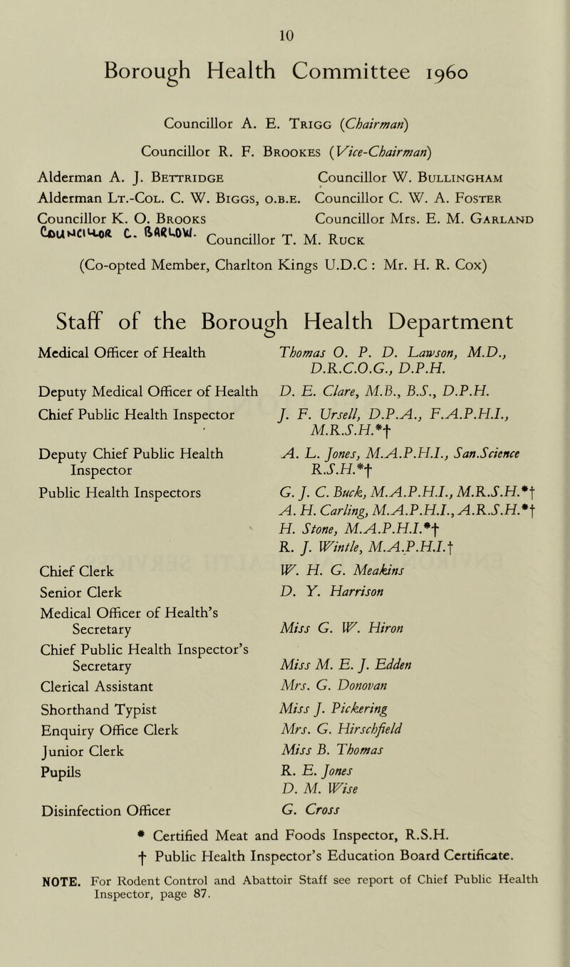 Borough Health Committee i960 Councillor A. E. Trigg {Chairman) Councillor R. F. Brookes {Vice-Chairman) Alderman A. J. Bettridge Councillor W. Bullingham Alderman Lt.-Col. C. W. Biggs, o.b.e. Councillor C. W. A. Foster Councillor K. O. Brooks Councillor Mrs. E. M. Garland C. (iARUOW. Councillor T. M. Ruck (Co-opted Member, Charlton Kings U.D.C : Mr. H. R. Cox) Staff of the Borough Health Department Medical Officer of Health Deputy Medical Officer of Health Chief Public Health Inspector Deputy Chief PubUc Health Inspector Public Health Inspectors Chief Clerk Senior Clerk Medical Officer of Health’s Secretary Chief Public Health Inspector’s Secretary Clerical Assistant Shorthand Typist Enquiry Office Clerk Junior Clerk Pupils Thomas O. P. D. Tawson, M.D., D.R.C.O.G., D.P.H. D. E. Clare, M.B., B.S., D.P.H. J. F. Ursell, D.P.A., F.A.P.H.I., M.R.S.H.*-f A. L. Jones, M.A.P.H.I., San.Science R.S.H.*J G. J. C. Buck, M.A.P.H.I., M.R.T.H.*! A. H. Carling, M.A.P.H.I.,A.R.S.H.*^ H. Stone, M.A.P.H.L*f R. J. Wintle, M.A.P.H.I.^ W. H. G. Meakins D. Y. Harrison Miss G. W. Hiron Miss M. E. J. Edden Mrs. G. Donovan Miss J. Pickering Mrs. G. Hirschfield Miss B. Thomas R. E. Jones D. M. Wise G. Cross Disinfection Officer * Certified Meat and Foods Inspector, R.S.H. f Public Health Inspector’s Education Board Certificate. NOTE. For Rodent Control and Abattoir Staff see report of Chief Public Health Inspector, page 87.