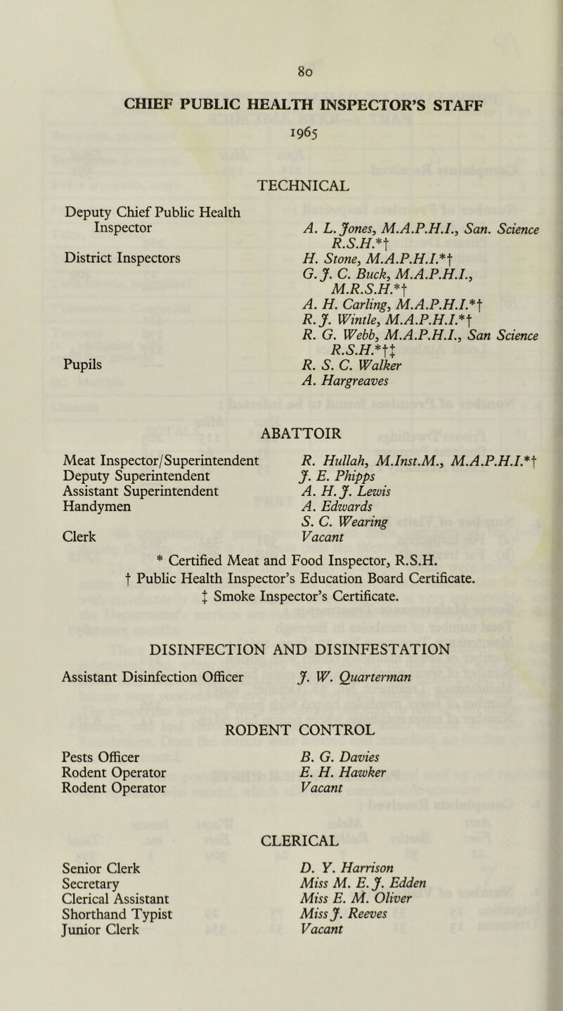 CHIEF PUBLIC HEALTH INSPECTOR’S STAFF 1965 TECHNICAL Deputy Chief Public Health Inspector District Inspectors Pupils A. L. Jones, M.A.P.H.I., San. Science R.S.H* f H. Stone, M.A.P.H.I.*f G.J. C. Buck, M.A.P.H.I., M.R.S.H.*] A. H. Carling, M.A.P.H.I.*] R.J. Wintle, M.A.P.H.I.*] R. G. Webb, M.A.P.H.I., San Science R.S.H* ft R. S. C. Walker A. Hargreaves ABATTOIR Meat Inspector/ Superintendent Deputy Superintendent Assistant Superintendent Handymen Clerk R. Hullah, M.Inst.M., M.A.P.H.I.*] J. E. Phipps A. H.J. Lewis A. Edwards S. C. Wearing Vacant * Certified Meat and Food Inspector, R.S.H. f Public Health Inspector’s Education Board Certificate. J Smoke Inspector’s Certificate. DISINFECTION AND DISINFESTATION Assistant Disinfection Officer J. W. Quarterman RODENT CONTROL Pests Officer Rodent Operator Rodent Operator B. G. Davies E. H. Hawker Vacant CLERICAL Senior Clerk Secretary Clerical Assistant Shorthand Typist Junior Clerk D. Y. Harrison Miss M. E. J. Edden Miss E. M. Oliver Miss J. Reeves Vacant