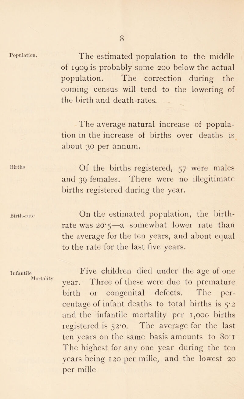 Population. Births Birth-rate Infantile Mortality The estimated population to the middle of 1909 is probably some 200 below the actual population. The correction during the coming census will tend to the lowering of the birth and death-rates. The average natural increase of popula- tion in the increase of births over deaths is about 30 per annum. Of the births registered, 57 were males and 39 females. There were no illegitimate births registered during the year. On the estimated population, the birth- rate was 20*5—a somewhat lower rate than the average for the ten years, and about equal to the rate for the last five years. Five children died under the age of one year. Three of these were due to premature birth or congenital defects. The per- centage of infant deaths to total births is 5*2 and the infantile mortality per 1,000 births registered is 52*0. The average for the last ten years on the same basis amounts to 8o*i The highest for any one year during the ten years being 120 per mille, and the lowest 20 per mille