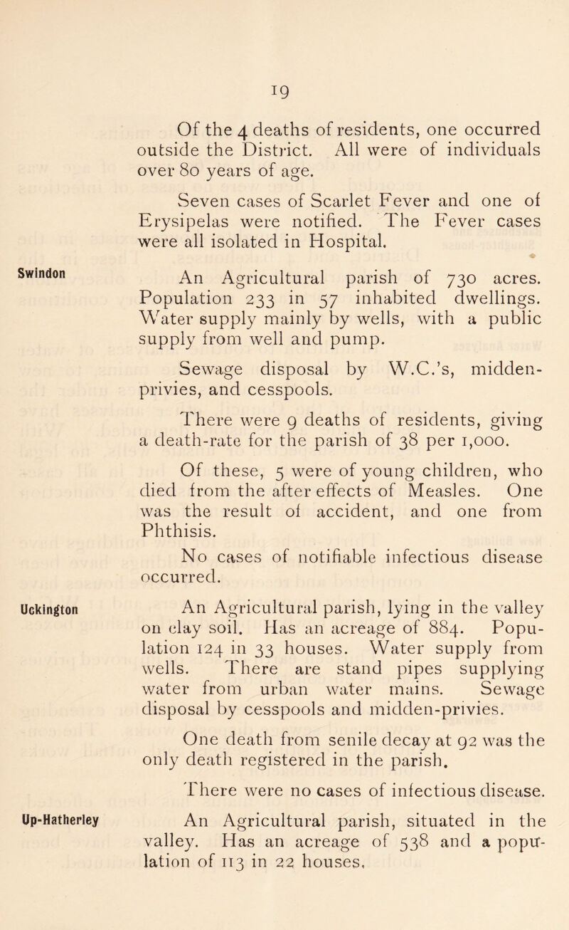 ig Swindon Uckington Of the 4 deaths of residents, one occurred outside the District. All were of individuals over 80 years of age. Seven cases of Scarlet Fever and one of Erysipelas were notified. The Fever cases were all isolated in Hospital. An Agricultural parish of 730 acres. Population 233 in 57 inhabited dwellings. Water supply mainly by wells, with a public supply from well and pump. Sewage disposal by W.C.’s, midden- privies, and cesspools. There were 9 deaths of residents, giving a death-rate for the parish of 38 per 1,000. Of these, 5 were of young children, who died from the aftereffects of Measles. One was the result of accident, and one from Phthisis. No cases of notifiable infectious disease occurred. An Agricultural parish, lying in the valley on clay soil. Has an acreage of 884. Popu- lation 124 in 33 houses. Water supply from wells. There are stand pipes supplying water from urban water mains. Sewage disposal by cesspools and midden-privies. One death from senile decay at 92 was the only death registered in the parish. There were no cases of infectious disease. An Agricultural parish, situated in the valley. Has an acreage of 538 and a popu- lation of 113 in 22 houses, Up-Hatherley