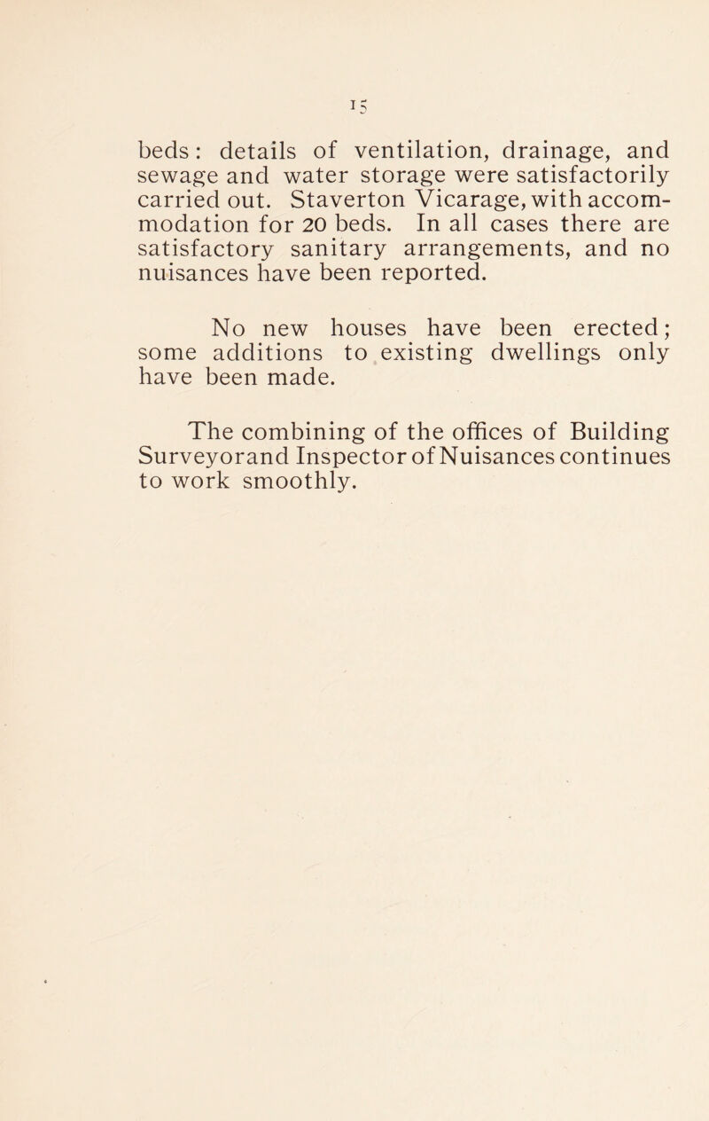 beds: details of ventilation, drainage, and sewage and water storage were satisfactorily carried out. Staverton Vicarage, with accom- modation for 20 beds. In all cases there are satisfactory sanitary arrangements, and no nuisances have been reported. No new houses have been erected; some additions to existing dwellings only have been made. The combining of the offices of Building Surveyorand Inspector of Nuisances continues to work smoothly.