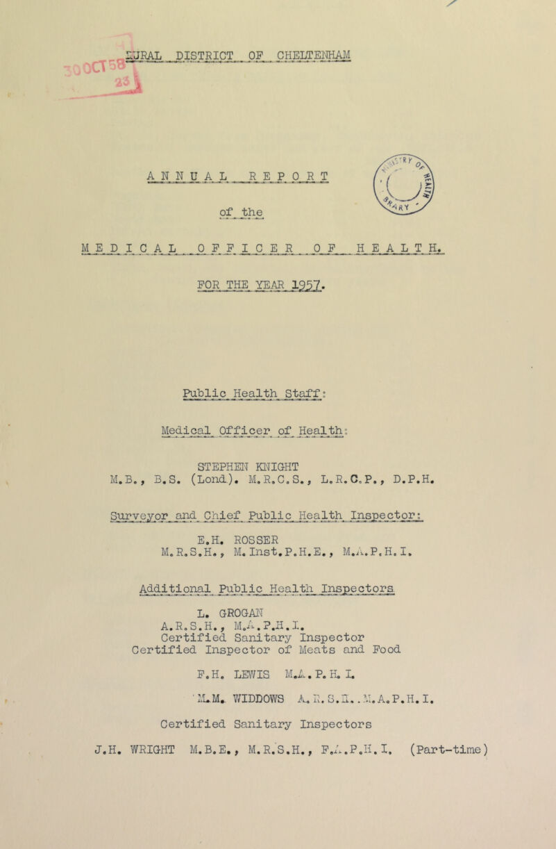 r.URA.L PISTRICT_. OF . CHELTEI^M M E_ p C.,./L _F J, I_ C_ E. R , _ 0_ F__ H E. A L T. K> FOR THE YE,AR. 1957. Paljlic Health M_edi_cap_ OffIcer^ jDf^ Health “ STEPHEN KNIGHT M.Bo, B,S. (Lend). M.R.CoS., L«R.CoP., D.P.H. Sin^yeyprChief Puhlic Health Inspectpj?j_ E,E. ROSSER MoR,S,H<,, M, Inst.P.H.E., M.iwP.H.I. Additipnal Puhlic Health Inspe ctpi^ L. GROGAN A.RoS.H*, Mo-'^.P.E.I, Certified Sanitary Inspector Certified Inspector of Meats and Pood P.H. LEWIS M.h.P. H. I. ■ windows a., in s.n,.m,a,p.h. i. Certified Sanitary Inspectors J,H. WRIGHT M,B.E., M.R.'S.H,, F«A.PoH.I. (Part-time)