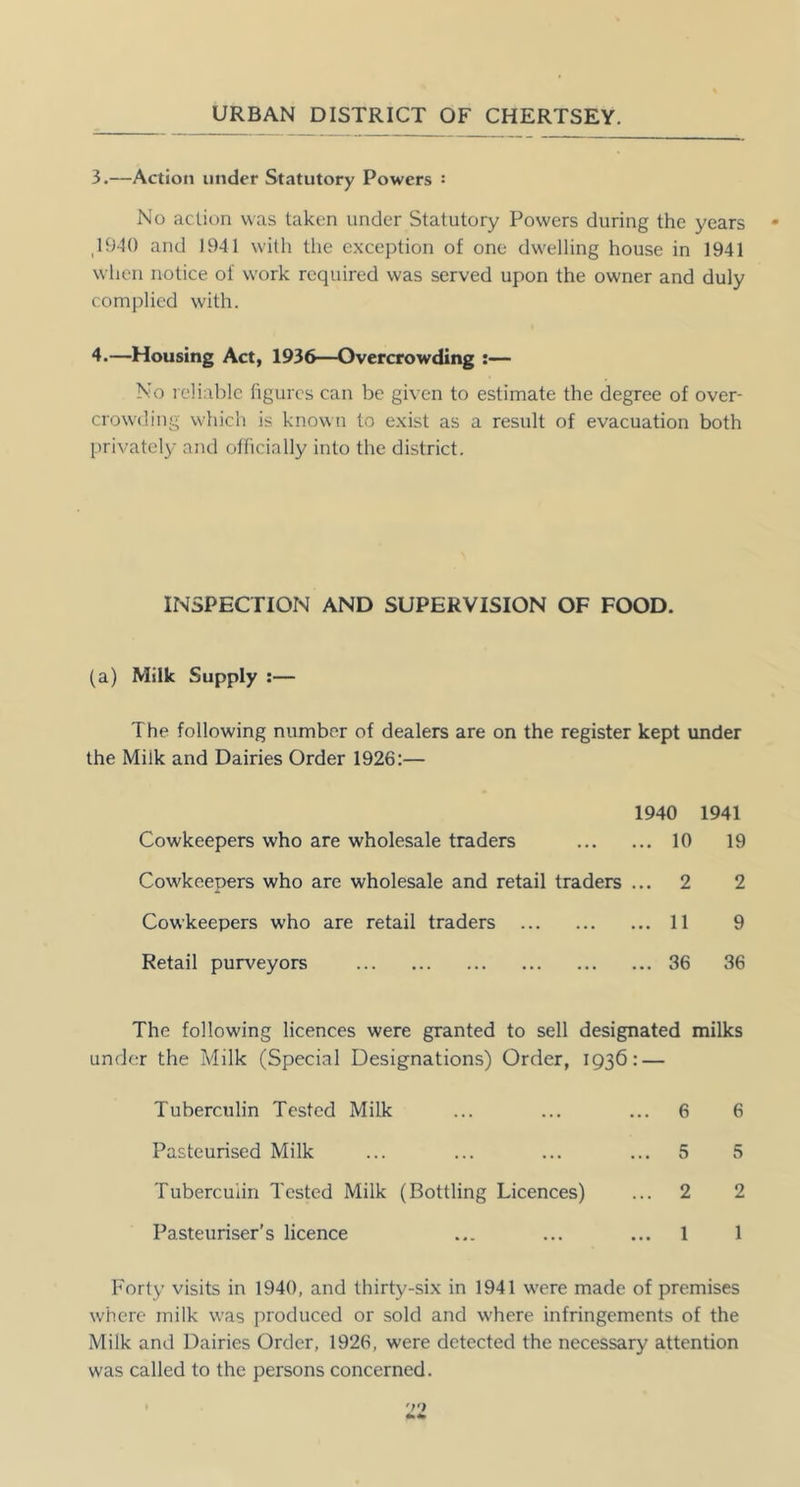 3. —Action under Statutory Powers : No action was taken under Statutory Powers during the years ^1940 and 1941 with tlie exception of one dwelling house in 1941 when notice of work required was served upon the owner and duly complied with. 4. —Housing Act, 1936—Overcrowding :— No reliable figures can be given to estimate the degree of over- crowding which is known to exist as a result of evacuation both privately and officially into the district. INSPECTION AND SUPERVISION OF FOOD. (a) Milk Supply :— The following number of dealers are on the register kept under the Milk and Dairies Order 1926:— 1940 1941 Cowkeepers who are wholesale traders 10 19 Cowkeepers who are wholesale and retail traders ... 2 2 Cowkeepers who are retail traders 11 9 Retail purveyors 36 36 The following licences were granted to sell designated milks under the Milk (Special Designations) Order, 1936: — Tuberculin Tested Milk ... ... ... 6 6 Pasteurised Milk ... ... ... ... S 5 Tuberculin Tested Milk (Bottling Licences) ... 2 2 Pasteuriser's licence ... ... ... 1 1 Forty visits in 1940, and thirty-six in 1941 w'ere made of premises where milk was produced or sold and where infringements of the Milk and Dairies Order, 1926, were detected the necessary attention was called to the persons concerned.