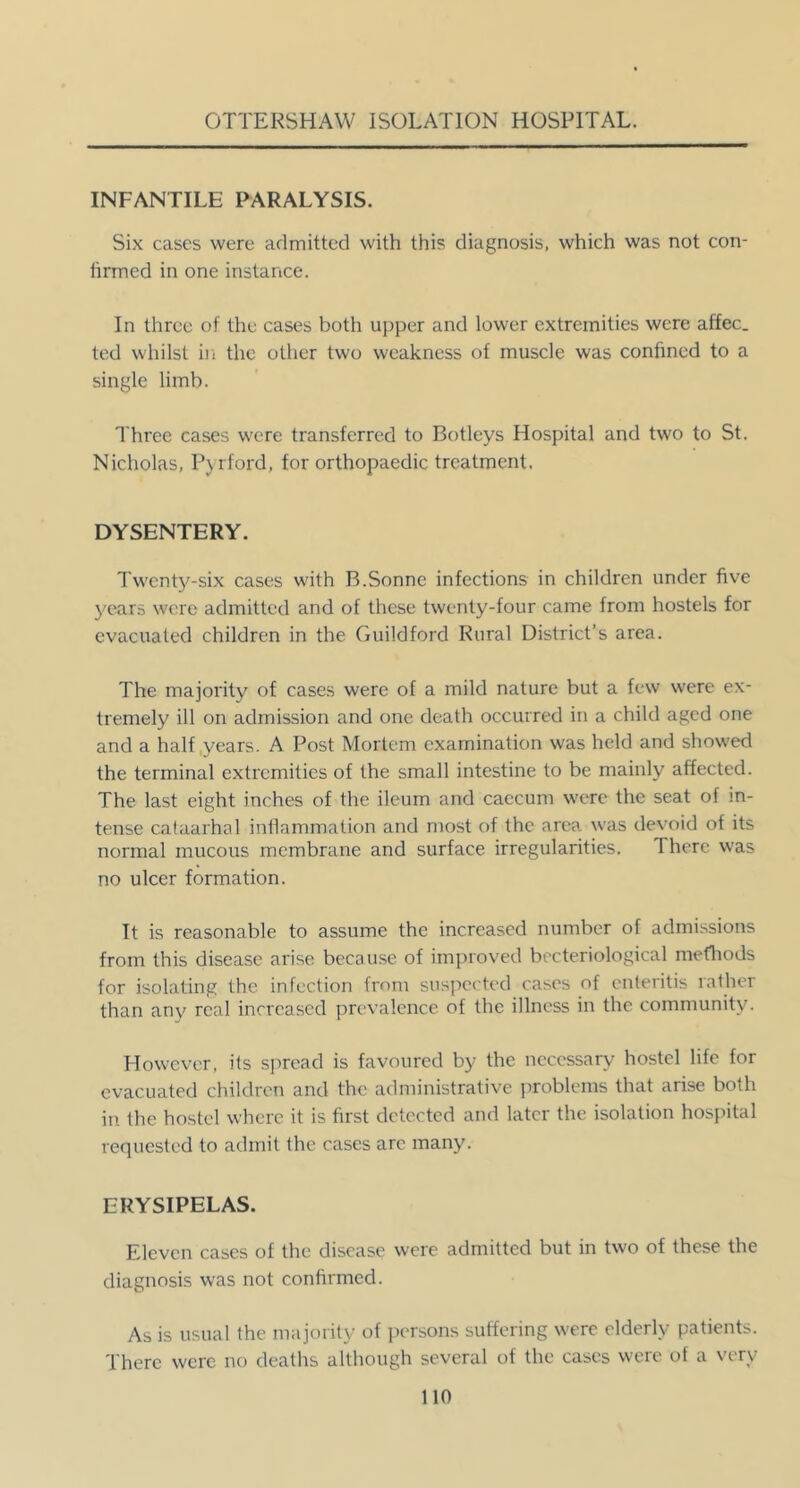 INFANTILE PARALYSIS. Six cases were admitted with this diagnosis, which was not con- hrmed in one instance. In three of the cases both upper and lower extremities were affec. ted whilst in the other two weakness of muscle was confined to a single limb. Three cases were transferred to Botleys Hospital and two to St. Nicholas, P) rford, for orthopaedic treatment. DYSENTERY. Twenty-six cases with B.Sonne infections in children under five j-’ears were admitted and of these twenty-four came from hostels for evacuated children in the Guildford Rural District’s area. The majority of cases were of a mild nature but a few were ex- tremely ill on admission and one death occurred in a child aged one and a half years. A Post Mortem examination was held and showed the terminal extremities of the small intestine to be mainly affected. The last eight inches of the ileum and caecum were the seat of in- tense cataarhal infiammation and most of the area was devoid of its normal mucous membrane and surface irregularities. There was no ulcer formation. Tt is reasonable to assume the increased number of admissions from this disease arise beca use of im])ioved becteriological metliods for isolating the infection from suspected cases of enteritis rather than anv real increased prevalence of the illness in the community. However, its siiread is favoured by the necessary hostel life for evacuated children and the administrative i)roblenis that arise both in the hostel where it is first detected and later the isolation hospital requested to admit the cases arc many. ERYSIPELAS. Eleven cases of the disease were admitted but in two of these the diagnosis was not confirmed. As is usual the majority of persons suffering were elderly patients. There were no deaths although several of the cases wore of a very