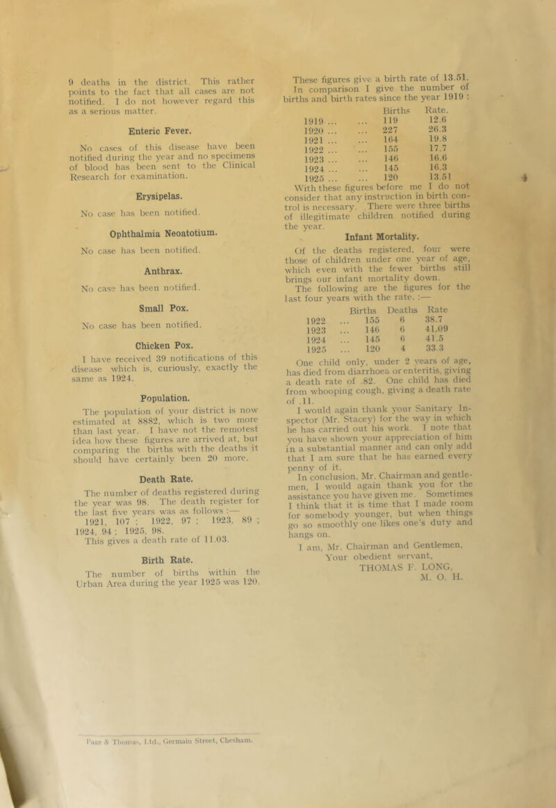 9 deaths in the district. This rather points to the fact that all cases arc not notified. 1 do not however regard this as a serious matter. Enteric Fever. No ca.scs of this disease have been notified during the year and no specimens of blood has been sent to the Clinical Research for examination. Erysipelas. No case has been notified. Ophthalmia Neoatotium. No case has been notified. Anthrax. No case has been notified. Small Pox. No case has been notified. Chicken Pox. 1 have received 39 notifications of this disease which is, curiously, exactly the same as 1924. Population. The population of your district is now estimated at 8882, which is two more than last year, f have not the remotest idea how these figures are arrived at, but comparing the births with the deaths it should have certainly been 20 more. Death Rate. The number of deaths registered during the year was 98. The death register for the last five years was as follows : — 1921, 107 ; 1922, 97 ; 1923, 89 ; 1924, 94 ; 1925, 98. This gives a death rate of 11.03. Birth Rate. The number of births within the Urban Area during the year 1925 was 120. These figures give a birth rate of 13.51. In comparison 1 give the number of births and birth rates since the year 1919 : Births Rate. 1919... 119 12.6 1920 ... . • • 227 26.3 1921 ... 104 19.8 1922 ... « . . 155 17.7 1923 ... . . • 140 16.6 1924 ... 145 16.3 1925 ... 120 13.51 With these figures before me I do not consider that any instruction in birth con- trol is necessary. There were three births of illegitimate children notified during the year. Infant Mortality. Of the deaths registered, four were those of children under one year of age, which even with the fewer births still brings our infant mortality down. The following are the figures for the last four years with the rate. :— Births Deatlrs Rate 1922 155 6 38.7 1923 146 6 41.09 1924 145 6 41.5 1925 120 4 .33.3 One child only, under 2 years of age, has died from diarrhoea or enteritis, giving a death rate of .82. One child has died from whooping cough, giving a death rate of .11. 1 would again thank your Sanitary In- spector (Mr. Stacey) for'the way in which he has carried out his work. I note that you have shown your appreciation of him in a substantial manner and can only add that 1 am sure that he has earned every penny of it. In conclusion, Mr. Chairman and gentle- men, I would again thank you for the assistance you have given me. Sometimes I think that it is time that I made room for somebody younger, but when things go so smoothly one likes one’s duty and hangs on. I am, Mr. Chairman and Gentlemen, Your obedient servant, THOMAS F. LONG, M. O. H. I’liiiC X- TlKiii'a^, l.td., C.etniaiii Street, Cheshani.
