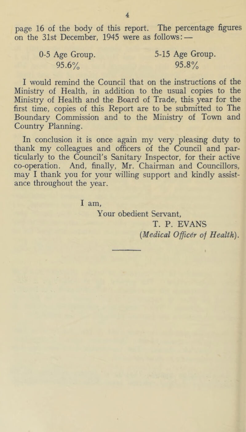 page 16 of the body of this report. The percentage figures on the 31st December, 1945 were as follows: — 5-15 Age Group. 95.8% 0-5 Age Group. 95.6% I would remind the Council that on the instructions of the Ministry of Health, in addition to the usual copies to the Ministry of Health and the Board of Trade, this year for the first time, copies of this Report are to be submitted to The Boundary Commission and to the Ministry of Town and Country Planning. In conclusion it is once again my very pleasing duty to thank my colleagues and officers of the Council and par- ticularly to the Council’s Sanitary Inspector, for their active co-operation. And, finally, Mr. Chairman and Councillors, may I thank you for your willing support and kindly assist- ance throughout the year. I am. Your obedient Servant, T. P. EVANS