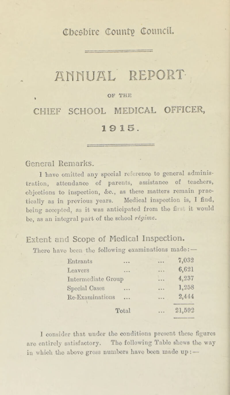 AUHUAL REPORT OF THR % CHIEF SCHOOL MEDICAL OFFICER, 19 15. General Remarks. I have omitted any special roferenoo to general adminis- tration, attendance of parents, assistance of teachers, objections to inspection, &c., as these matters remain prac- tically as in previous years. Medical inspection is, I find, being acoe]»tcd, as it was anticipated from the first it ^YOuld be, as an integral part of the school riffime. Extent and Scope of Medical Inspection. There have been the following examinations made: — Entrants 7,032 Leavers 6,621 Intermediate Group 4,237 Special Cases 1,258 Rc-Examinations \ 2,444 Total ... 21,592 I consider that under the conditions present those figures are entirely satisfactory. The following Table shows the way in which the above gross numbers have been made up: —