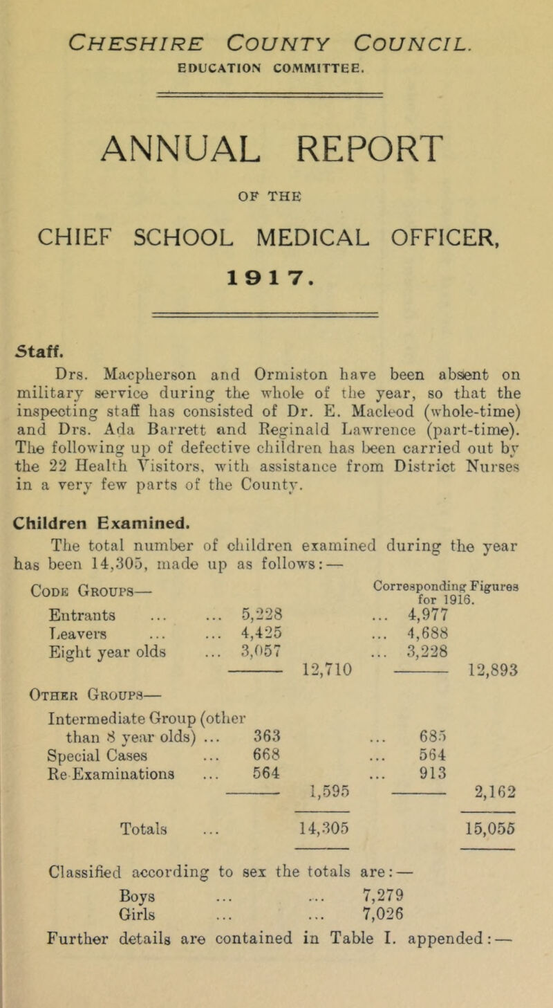 EDUCATION COMMITTEE. ANNUAL REPORT OF THE CHIEF SCHOOL MEDICAL OFFICER, 19 17. Staff. Drs. Macpherson and Ormiston have been absent on military service during the whole of the year, so that the inspecting staff has consisted of Dr. E. Macleod (whole-time) and Drs. Ada Barrett and Reginald Lawrence (part-time). The following up of defective children has been carried out by the 22 Health Visitors, -with assistance from District Nurses in a very few parts of the County. Children Examined. The total number of children examined during the year has been 14,305, made up as follows: — Correapondinp Figures for 1916. ... 4,977 Code Groups— Entrants ... ... 5,228 TiCavers ... ... 4,425 Eight year olds ... 3,057 Other Groups— Intermediate Group (other than 8 year olds) ... 363 Special Cases ... 668 Re Examinations ... 564 Totals ... 4,688 ... 3,228 12,710 12,893 685 564 913 1,<595 2,162 14, .305 15,055 Classified according to sex the totals are: — Boys ... ... 7,279 Girls ... ... 7,026