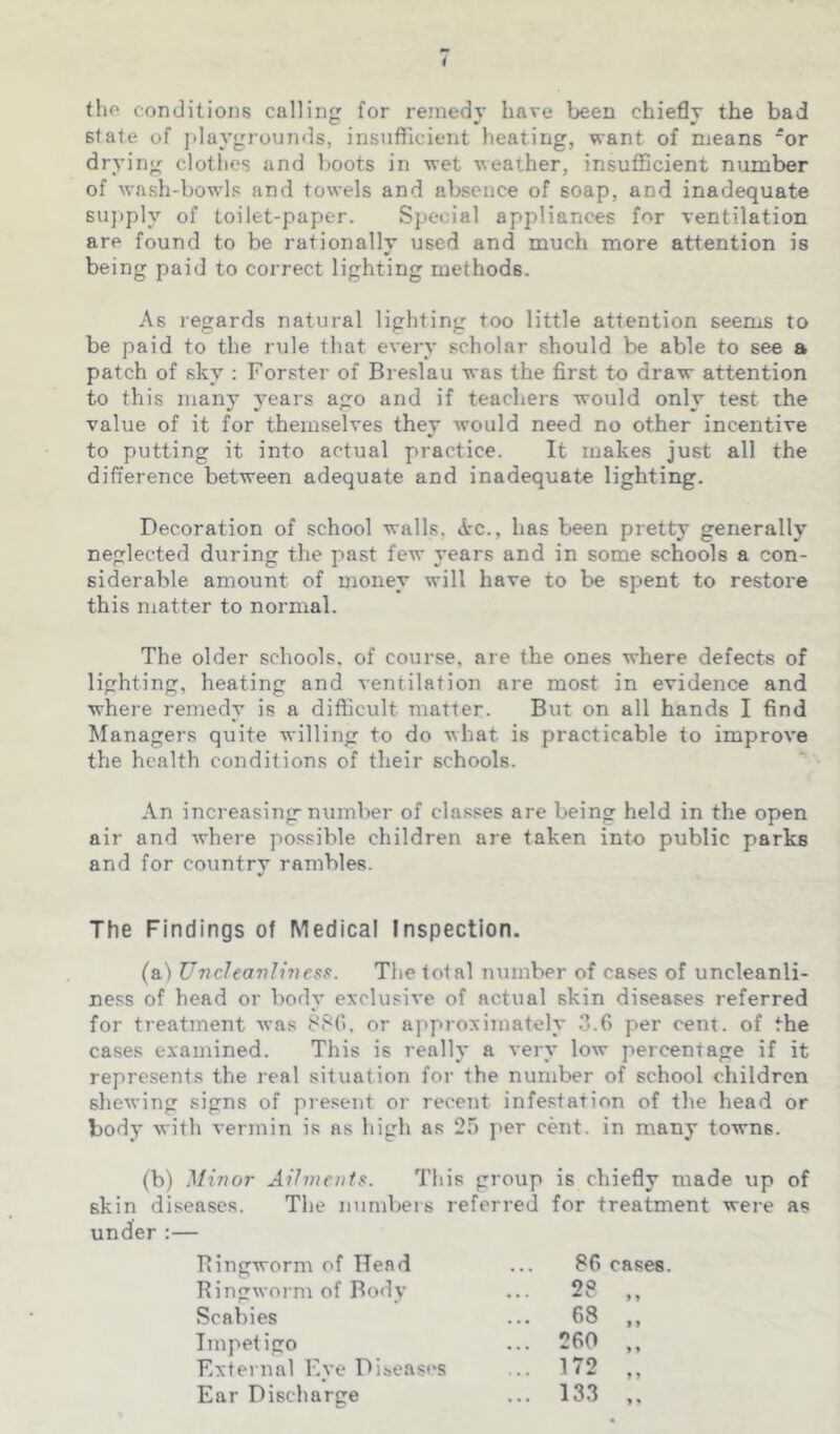 thp conditions callinjr for reinedv have been chiefly the bad stale of playgrounds, insufficient heating, want of means *or drying clothes and boots in wet weather, insufficient number of wash-bowls and towels and absence of soap, and inadequate 6U])ply of toilet-paper. Special appliances for ventilation are found to be rationally used and much more attention is being paid to correct lighting methods. As regards natural lighting too little attention seems to be paid to the rule that every scholar should be able to see a patch of sky : Forster of Breslau was the first to draw attention to this many years ago and if teacliers would only test the value of it for themselves they would need no other incentive to putting it into actual practice. It makes just all the difference between adequate and inadequate lighting. Decoration of school walls, Ac., has been pretty generally neglected during the past few years and in some schools a con- siderable amount of money will have to be spent to restore this matter to normal. The older schools, of course, are the ones where defects of lighting, heating and ventilation are most in evidence and where remedy is a difficult matter. But on all hands I find Managers quite willing to do what is practicable to improve the health conditions of their schools. An increasing number of classes are being held in the open air and where possible children are taken into public parks and for country rambles. The Findings of Medical Inspection. (ai Uncleanliness. The total mimber of cases of uncleanli- ness of head or body exclusive of actual skin diseases referred for treatment was 880, or approximately 3.0 per cent, of the cases examined. This is really a very low percentage if it represents the real situation for the number of school children shewing signs of present or recent infestation of the head or body with vermin is as high as 25 per cent, in many towns. (b) ,l/n?or Ailments. This group is chiefly made up of skin diseases. The numbeis referred for treatment were as under :— Ringworm of Head 80 cases. Ringworm of Body ... 28 ,, Scabies ... 68 ,, Impetigo ... 260 „ External Eye Diseases ... 172 „ Ear Discharge ... 133 ,,