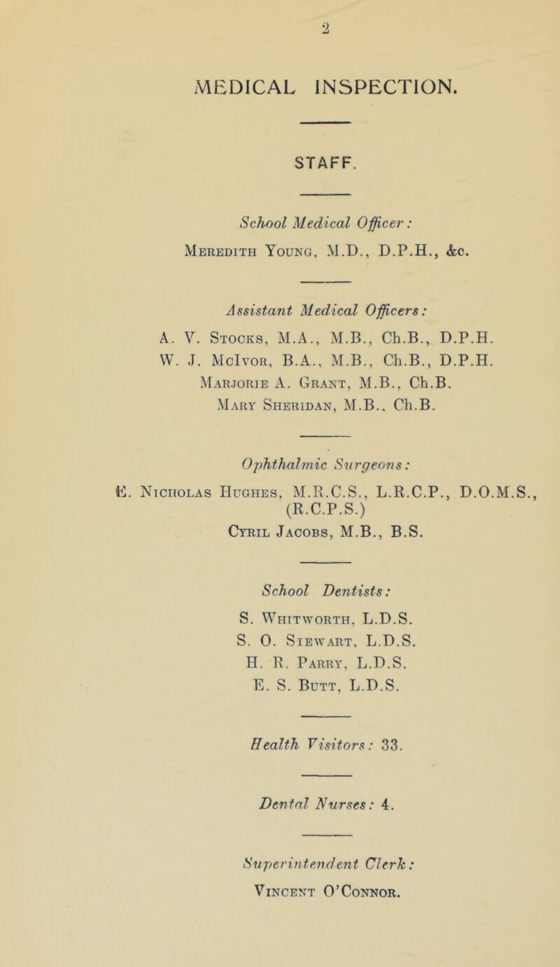 MEDICAL INSPECTION. STAFF. School Medical Officer: Meredith Young, M.D., D.P.H., &c. Assistant Medical Officers: A. V. Stocks, M.A., M.B., Ch.B., D.P.H. W. J. McIvor, B.A., M.B., Ch.B., D.P.H. Marjorie A. Gr.^nt, M.B., Ch.B. -Mary Sheridan, M.B.. Ch.B. Ojihthalmic Stirgeo7is: K. Nicholas Hughes, M.R.C.S., L.R.C.P., D.O.M.S., (R.C.P.S.) Cyril Jacobs, M.B., B.S. School Dentists: S. Whitworth, L.D.S. S. 0. Stewart, L.D.S. H. R. P.\RRY, L.D.S. E. S. Butt, L.D.S. Health Visitors: 33. Dental Nurses: 4. Superintendent Clerk: Vincent O’Connor.
