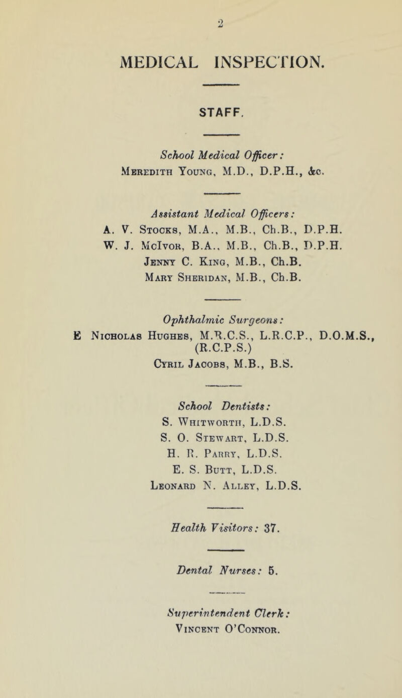 MEDICAL INSPECTION STAFF. School Medical Officer : Meredith Young, M.D., D.P.H., Ac. Assistant Medical Officers: A. V. Stocks, M.A.. M.B., Ch.B., D.P.H. W. J. McIvor, B.A.. M.B., Ch.B., D.P.H. Jenny C. King, M.B., Ch.B. Mart Sheridan, M.B., Ch.B. Ophthalmic Surgeons : E Nicholas Hughes, M.B.C.S., L.R.C.P., D.O.M.S., (R.C.P.S.) Cyril Jacobs, M.B., B.S. School Dentists: S. Whitworth, L.D.S. S. 0. Stewart, L.D.S. H. R. Parry, L.D.S. E. S. Butt, L.D.S. Leonard N. Alley, L.D.S. Health Visitors: 37. Dental Nurses: 6. Superintendent Clerk: Vincent O’Connor.