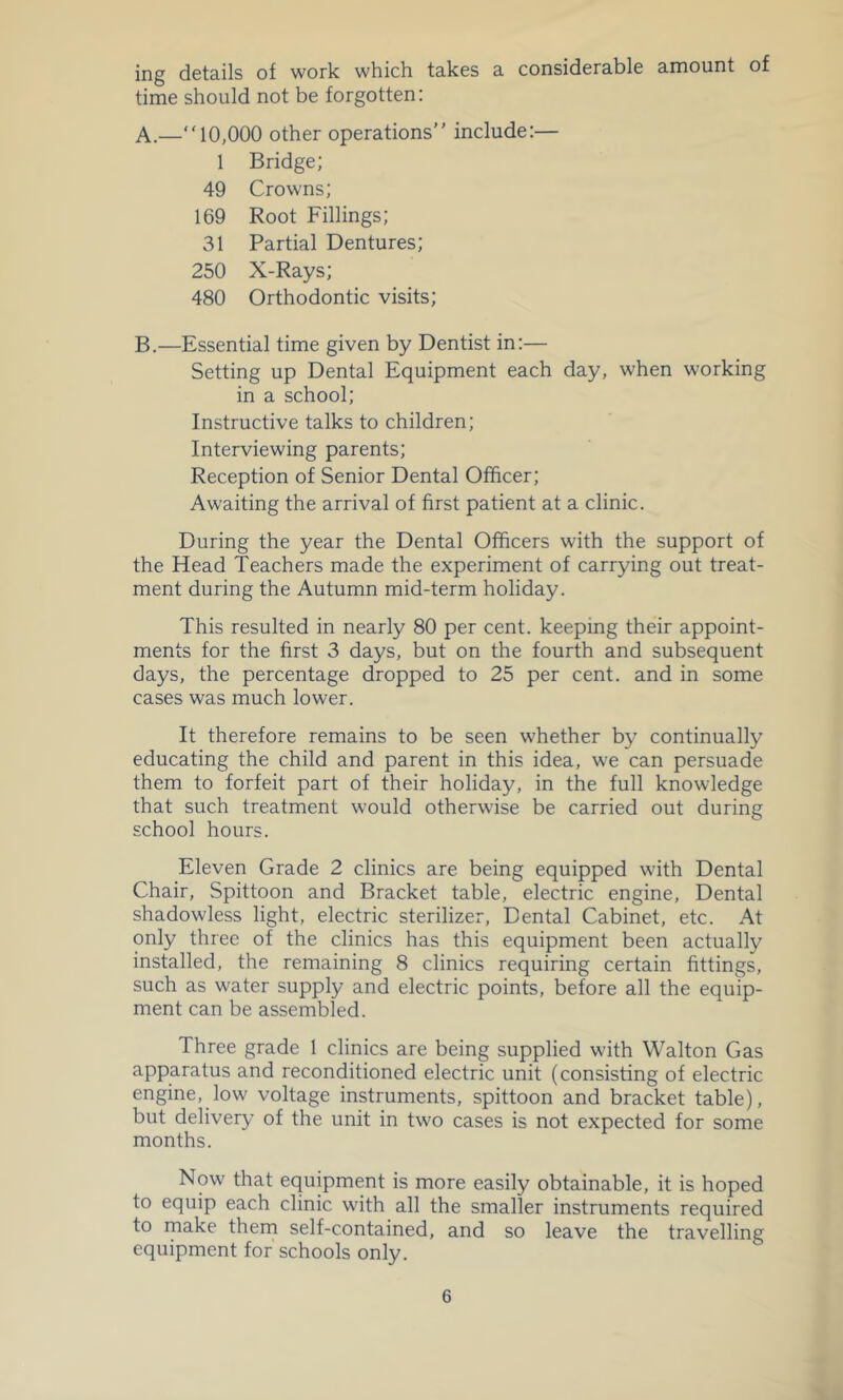 ing details of work which takes a considerable amount of time should not be forgotten: A. —10,000 other operations include:— 1 Bridge; 49 Crowns; 169 Root Fillings; 31 Partial Dentures; 250 X-Rays; 480 Orthodontic visits; B. —Essential time given by Dentist in:— Setting up Dental Equipment each day, when working in a school; Instructive talks to children; Interviewing parents; Reception of Senior Dental Officer; Awaiting the arrival of first patient at a clinic. During the year the Dental Officers with the support of the Head Teachers made the experiment of carrying out treat- ment during the Autumn mid-term holiday. This resulted in nearly 80 per cent, keeping their appoint- ments for the first 3 days, but on the fourth and subsequent days, the percentage dropped to 25 per cent, and in some cases was much lower. It therefore remains to be seen whether by continually educating the child and parent in this idea, we can persuade them to forfeit part of their holiday, in the full knowledge that such treatment would otherwise be carried out during school hours. Eleven Grade 2 clinics are being equipped with Dental Chair, Spittoon and Bracket table, electric engine. Dental shadowless light, electric sterilizer. Dental Cabinet, etc. At only three of the clinics has this equipment been actually installed, the remaining 8 clinics requiring certain fittings, such as water supply and electric points, before all the equip- ment can be assembled. Three grade 1 clinics are being supplied with Walton Gas apparatus and reconditioned electric unit (consisting of electric engine, low voltage instruments, spittoon and bracket table), but delivery of the unit in two cases is not expected for some months. Now that equipment is more easily obtainable, it is hoped to equip each clinic with all the smaller instruments required to make them self-contained, and so leave the travelling equipment for schools only.