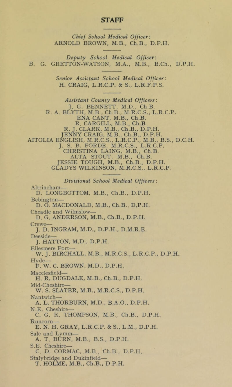 STAFF Chief School Medical Officer: ARNOLD BROWN, M.B.. Ch.B., D.P.H. Deputy School Medical Officer: B. G. GRETTON-WATSON, M.A., M.B., B.Ch., D.P.H. Senior Assistant School Medical Officer: H. CRAIG. L.R.C.P. & S., L.R.F.P.S. Assistant County Medical Officers: J. G. BENNETT, M.D., Ch.B. R. A. BLYTH, M.B.. Ch.B., M.R.C.S.. L.R.C.P. ENA CANT, M.B., Ch.B. R. CARGILL. M.B., Ch.B R. J. CLARK, M.B., Ch.B., D.P.H. JENNY CRAIG, M.B., Ch.B., D.P.H. AITOLIA ENGLISH, M.R.C.S., L.R.C.P., M.B., B.S., D.C.H. J. S. B. FORDE, M.R.C.S., L.R.C.P. CHRISTINA LAING, M.B., Ch.B. ALTA STOUT, M.B., Ch.B. JESSIE TOUGH, M.B., Ch.B., D.P.H. GLADYS WILKINSON, M.R.C.S., L.R.C.P. Divisional School Medical Officers: Altrincham— D. LONGBOTTOM, M.B., Ch.B., D.P.H. Bebington— D. O. MACDONALD, M.B., Ch.B., D,P.H. Cheadle and Wilmslow— D. G. ANDERSON, M.B., Ch.B., D.P.H. Cr0wc-— J. D. INGRAM, M.D., D.P.H., D.M.R.E. Deeside— J. HATTON, M.D., D.P.H. Ellesmere Port— W. J. BIRCHALL, M.B., M.R.C.S., L.R.C.P., D.P.H. Hyde— F. W. C. BROWN, M.D., D.P.H. Macclesfield— H. R. DUGDALE, M.B., Ch.B., D.P.H. Mid-Cheshire— W. S. SLATER, M.B., M.R.C.S., D.P.H. Nantwich— A. L. THORBURN, M.D., B.A.O., D.P.H. N.E. Cheshire— C. G. K. THOMPSON, M.B., Ch.B., D.P.H. Runcorn— E. N. H. GRAY, L.R.C.P. & S., L.M., D.P.H. Sale and Lymm— A. T. BURN, M.B., B.S., D.P.H. S.E. Cheshire— C. D. CORMAC, M.B., Ch.B., D.P.H. Stalybridge and Dukinfield— T. HOLME, M.B., Ch.B., D.P.H.