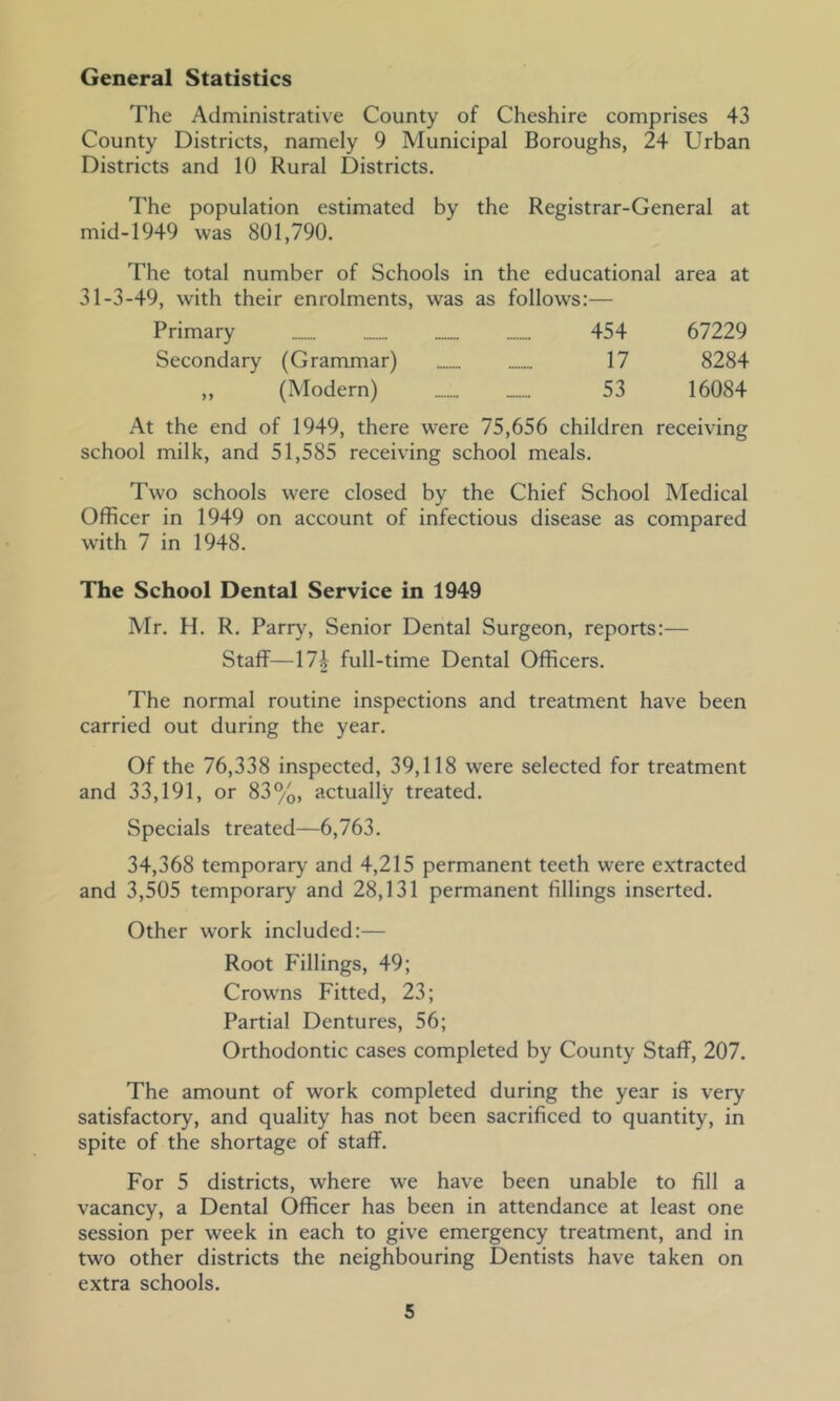 General Statistics The Administrative County of Cheshire comprises 43 County Districts, namely 9 Municipal Boroughs, 24 Urban Districts and 10 Rural Districts, The population estimated by the Registrar-General at mid-1949 was 801,790. The total number of Schools in the educational area at 31-3-49, with their enrolments, was as follows:— Primary _ 454 67229 Secondary (Grammar) 17 8284 ,, (Modern) 53 16084 At the end of 1949, there were 75,656 children receiving school milk, and 51,585 receiving school meals. Two schools were closed by the Chief School Medical Officer in 1949 on account of infectious disease as compared with 7 in 1948. The School Dental Service in 1949 Mr. H. R. Parry, Senior Dental Surgeon, reports:— Staff—\lh full-time Dental Officers, The normal routine inspections and treatment have been carried out during the year. Of the 76,338 inspected, 39,118 were selected for treatment and 33,191, or 83%, actually treated. Specials treated—6,763. 34,368 temporary and 4,215 permanent teeth were extracted and 3,505 temporary and 28,131 permanent fillings inserted. Other work included:— Root Fillings, 49; Crowns Fitted, 23; Partial Dentures, 56; Orthodontic cases completed by County Staff, 207, The amount of work completed during the year is very satisfactory, and quality has not been sacrificed to quantity, in spite of the shortage of staff. For 5 districts, where we have been unable to fill a vacancy, a Dental Officer has been in attendance at least one session per week in each to give emergency treatment, and in two other districts the neighbouring Dentists have taken on extra schools.