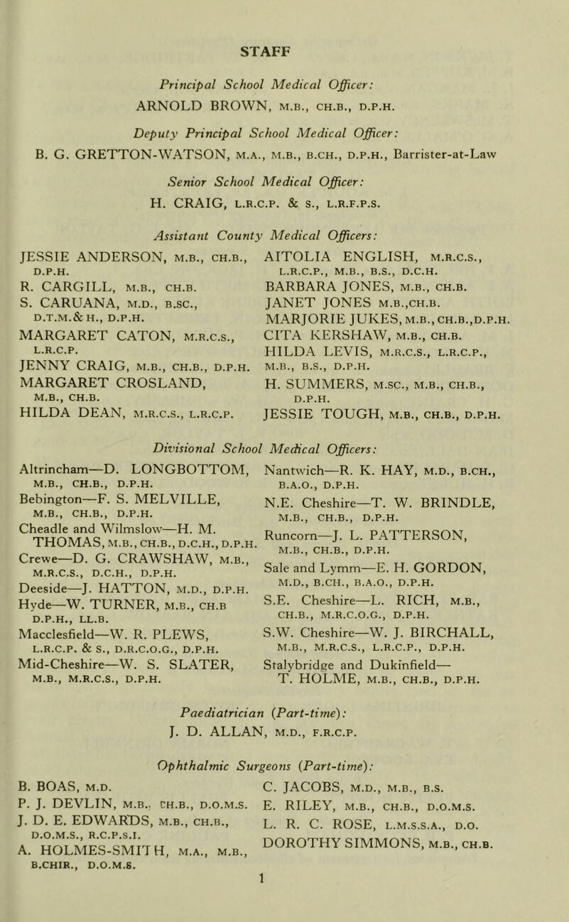 STAFF Principal School Medical Officer: ARNOLD BROWN, m.b., ch.b., d.p.h. Deputy Principal School Medical Officer: B. G. GRETTON-WATSON, m.a., m.b., b.ch., d.p.h., Barrister-at-Law Senior School Medical Officer: H. CRAIG, L.R.C.P. & S., L.R.F.P.S. Assistant County Medical Officers: JESSIE ANDERSON, m.b., ch.b., D.P.H. R. CARGILL, M.B., CH.B. S. CARUANA, M.D., B.sc., D.T.M.& H., D.P.H. MARGARET CATON, m.r.c.s., L.R.C.P. JENNY CRAIG, m.b., ch.b., d.p.h. MARGARET CROSLAND, m.b., ch.b. HILDA DEAN, m.r.c.s., l.r.c.p. AITOLIA ENGLISH, m.r.c.s., L.R.C.P., m.b., B.S., D.C.H. BARBARA JONES, m.b., ch.b. JANET JONES m.b.,ch.b. MARJORIE JUKES, m.b., ch.b.,d.p.h. CITA KERSHAW, m.b., ch.b. HILDA LEVIS, m.r.c.s., l.r.c.p., M.B., B.S., D.P.H. H. SUMMERS, M.sc., m.b., ch.b., D.P.H. JESSIE TOUGH, m.b., ch.b., d.p.h. Altrincham—D. M.B., CH.B., D.P.H. Bebington—F. S. MELVILLE, M.B., CH.B., D.P.H. Cheadle and Wilmslow—H. M. THOMAS, M.B., CH.B., D.C.H., D.P.H. Crewe—D. G. CRAWSHAW, m.b., M.R.C.S., D.C.H., D.P.H. Deeside—J. HATTON, m.d., d.p.h. Hyde—W. TURNER, m.b., ch.b D.P.H., LL.B. Macclesfield—W. R. PLEWS, L.R.C.P. & S., D.R.C.O.G., D.P.H. Mid-Cheshire—W. S. SLATER, m.b., m.r.c.s., d.p.h. Nantwich—R. K. HAY, m.d., b.ch., B.A.O., D.P.H. N.E. Cheshire—T. W. BRINDLE, M.B., CH.B., D.P.H. Runcorn—J. L. PATTERSON, M.B., CH.B., D.P.H. Sale and Lymm—E. H. GORDON, M.D., B.CH., B.A.O., D.P.H. S.E. Cheshire—L. RICH, m.b., CH.B., M.R.C.O.G., D.P.H. S.W. Cheshire—W. J. BIRCHALL, M.B., M.R.C.S., L.R.C.P., D.P.H. Stalybridge and Dukinfield— T. HOLME, M.B., ch.b., d.p.h. Divisional School Medical Officers: LONGBOTTOM, Paediatrician {Part-time): J. D. ALLAN, M.D., F.R.c.p. Ophthalmic Surgeons {Part-time): B. BOAS, M.D. P. J. DEVLIN, M.B.. ch.b., d.o.m.s. J. D. E. EDWARDS, m.b., ch.b., d.o.m.s., r.c.p.s.i. A. HOLMES-SMIT H, m.a., m.b., B.CHIR., D.O.M.S. C. JACOBS, M.D., M.B., B.S. E. RILEY, M.B., CH.B., d.o.m.s. L. R. C. ROSE, L.M.S.S.A., D.o. DOROTHY SIMMONS, m.b., ch.b.