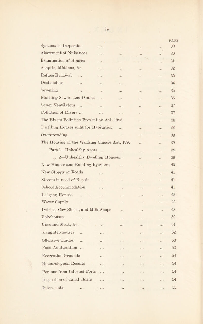 PAGE 30 Systematic Inspection Abatement of Nuisances Examination of Houses Ashpits, Middens, &c. Refuse Removal Destructors Sewering1 Flushing1 Sewers and Drains ... Sewer Ventilators ... Pollution of Rivers ... The Rivers Pollution Prevention Act, 1893 Dwelling1 Houses unfit for Habitation Overcrowding1 The Housing of the Working Classes Act, 1890 Parti—Unhealthy Areas ... ,, 2—Unhealthy Dwelling Houses... New Houses and Building Bye-laws New Streets or Roads Streets in need of Repair School Accommodation Lodging Houses Water Supply Dairies, Cow Sheds, and Milk Shops Bakehouses Unsound Meat, &c. Slaughter-houses Oflensive Trades Food Adulteration ... Recreation Grounds Meteorological Results Persons from Infected Ports ... Inspection of Canal Boats Interments 30 31 32 32 34 35 36 37 37 38 38 38 39 39 39 40 41 41 41 42 43 48 50 51 52 53 53 54 54 54 54 55