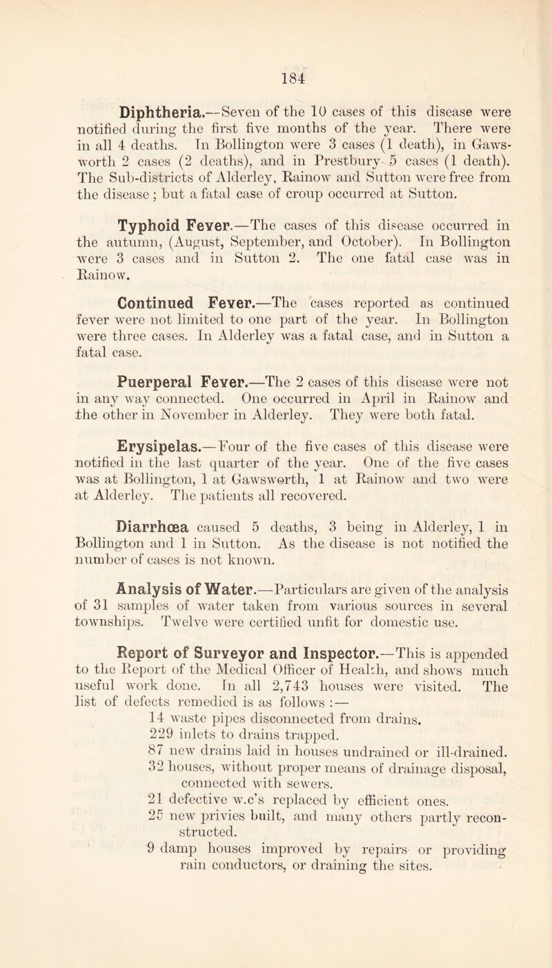 Diphtheria.—Seven of the 10 cases of this disease were notified during the first five months of the year. There were in all 4 deaths. Tn Bollington were 3 cases (1 death), in Gaws- worth 2 cases (2 deaths), and in Prestbury 5 cases (1 death). The Sub-districts of Alderley, Rainow and Sutton were free from the disease; but a fatal case of croup occurred at Sutton. Typhoid Fever.—The cases of this disease occurred in the autumn, (August, September, and October). In Bollington were 3 cases and in Sutton 2. The one fatal case was in Rainow. Continued Fever.—The cases reported as continued fever were not limited to one part of the year. In Bollington were three cases. In Alderley was a fatal case, and in Sutton a fatal case. Puerperal Fever.—The 2 cases of this disease were not in any way connected. One occurred in April in Rainow and They were both fatal. Erysipelas.— Four of the five cases of this disease were notified in the last quarter of the year. One of the five cases was at Bollington, 1 at Gawsworth, 1 at Rainow and two were at Alderley. The patients all recovered. Diarrhoea caused 5 deaths, 3 being in Alderley, 1 in Bollington and 1 in Sutton. As the disease is not notified the number of cases is not known. Analysis of Water.—Particulars are given of the analysis of 31 samples of water taken from various sources in several townships. Twelve were certified unfit for domestic use. Report of Surveyor and Inspector.—This is appended to the Report of the Medical Officer of Health, and shows much useful work done. In all 2,743 houses were visited. The list of defects remedied is as follows : — 14 waste pipes disconnected from drains. 229 inlets to drains trapped. 87 new drains laid in houses undrained or ill-drained. 32 houses, without proper means of drainage disposal, connected with sewers. 21 defective w.c’s replaced by efficient ones. 2-5 new privies built, and many others partly recon- structed. 9 damp houses improved by repairs or providing rain conductors, or draining the sites. the other in November in Alderley