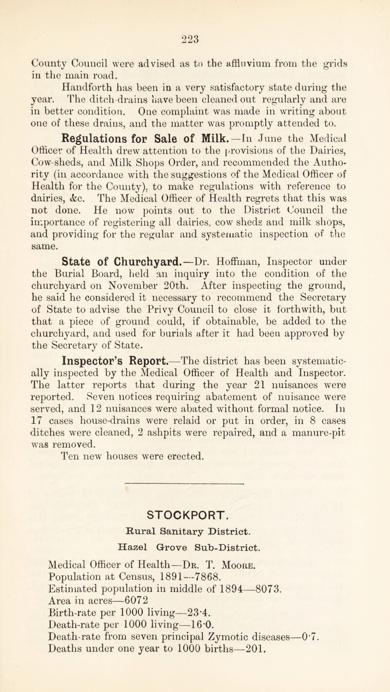 County Council were advised as to the affluvium from the grids in the main road. Handforth has been in a very satisfactory state during the year. The ditch drains have been cleaned out regularly and are in better condition. One complaint was made in writing about one of these drains, and the matter was promptly attended to. Regulations for Sale of Milk.—In June the Medical Officer of Health drew attention to the provisions of the Dairies, Cow-sheds, and Milk Shops Order, and recommended the Autho- rity (in accordance with the suggestions of the Medical Officer of Health for the County), to make regulations with reference to dairies, Ac. The Medical Officer of Health regrets that this was not done. He now points out to the District Council the importance of registering all dairies, cow sheds and milk shops, and providing for the regular and systematic inspection of the same. State of Churchyard.—Dr. Hoffman, Inspector under the Burial Board, held an inquiry into the condition of the churchyard on November 20th. After inspecting the ground, he said he considered it necessary to recommend the Secretary of State to advise the Privy Council to close it forthwith, but that a piece of ground could, if obtainable, be added to the churchyard, and used for burials after it had been approved by the Secretary of State. Inspector’s Report.—The district has been systematic- ally inspected by the Medical Officer of Health and Inspector. The latter reports that during the year 21 nuisances were reported. Seven notices requiring abatement of nuisance were served, and 12 nuisances were abated without formal notice. In 17 cases house-drains were relaid or put in order, in 8 cases ditches were cleaned, 2 ashpits were repaired, and a manure-pit was removed. Ten new houses were erected. STOCKPORT. Rural Sanitary District. Hazel Grove Sub-District. Medical Officer of Health—Dr. T. Moore. Population at Census, 1891--7868. Estimated population in middle of 1894—8073. Area in acres—6072 Birth-rate per 1000 living—23-4. Death-rate per 1000 living—16'0. Death-rate from seven principal Zymotic diseases—0*7. Deaths under one year to 1000 births—201.